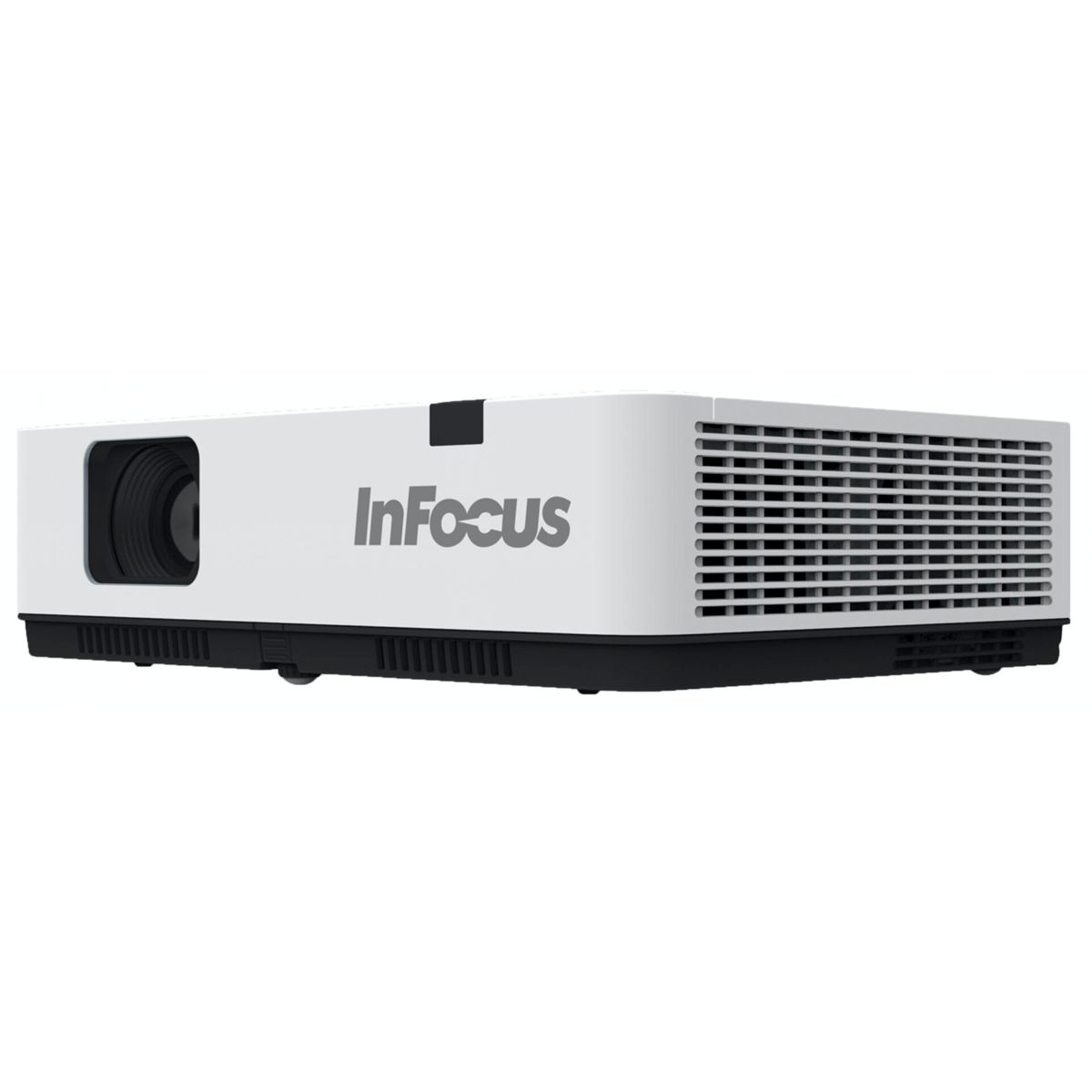 Proyector InFocus blanco sobre una superficie blanca, con base y ranuras negras.