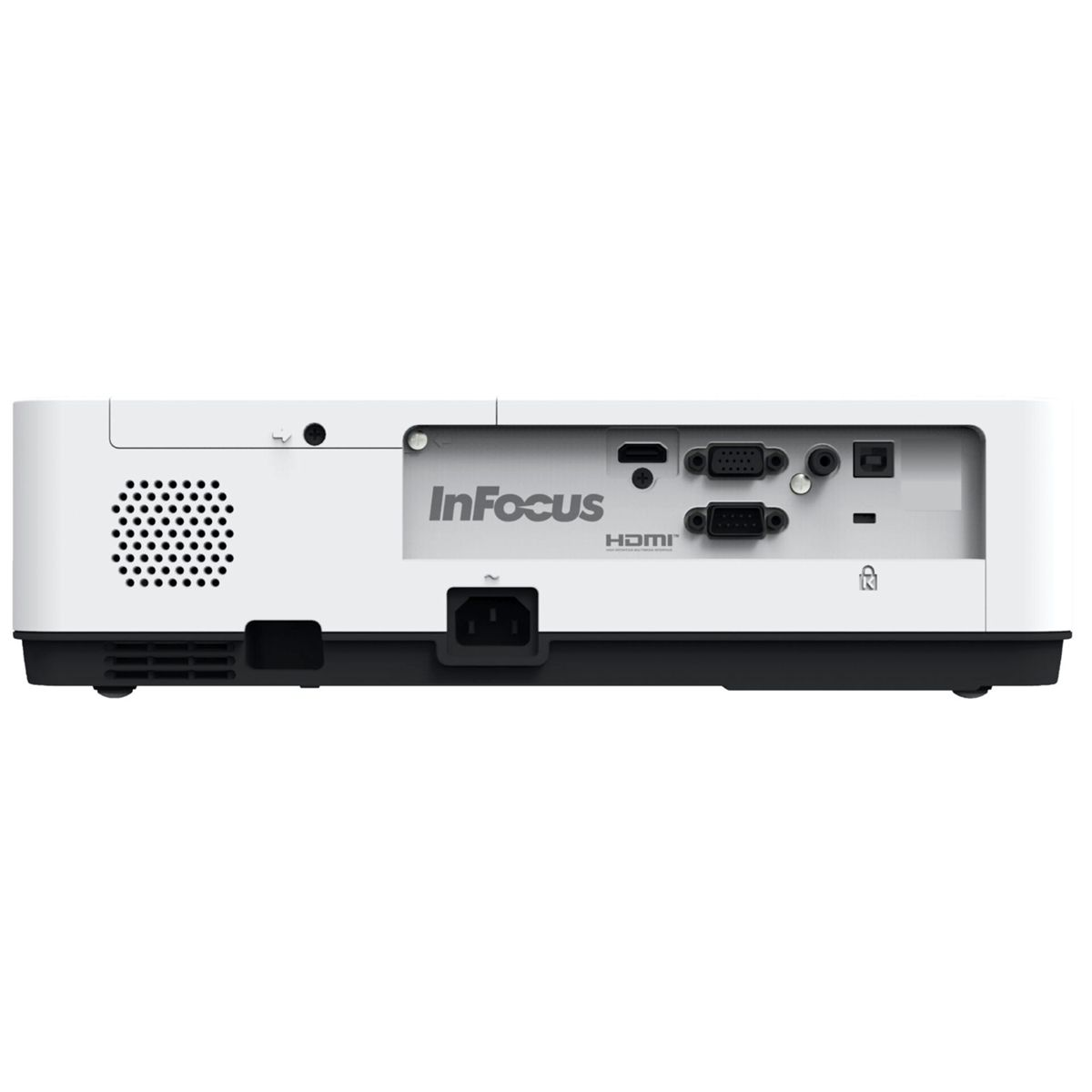 Vista trasera de un proyector InFocus blanco y negro con puertos y ventilación.