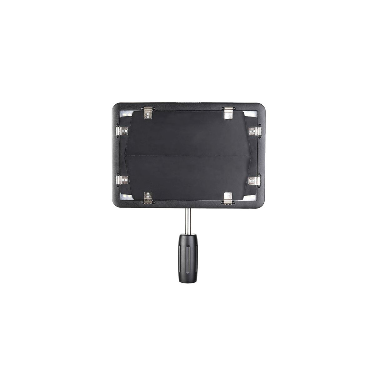 Schwarzes LED-Licht für Fotografie. Es ist rechteckig und hat einen Griff.