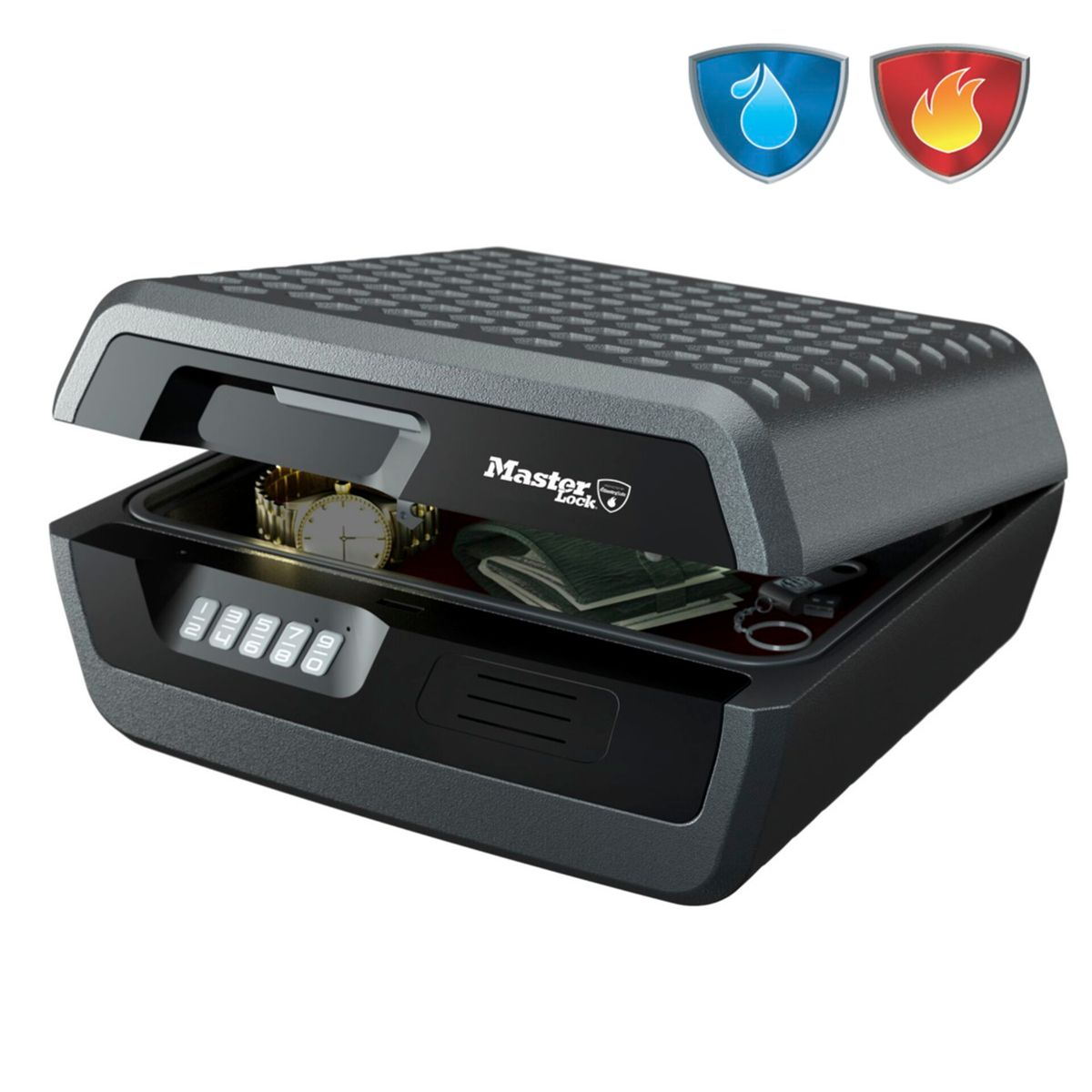 Una caja fuerte negra con cerradura de combinación. Contiene un reloj, una cartera y otros objetos.