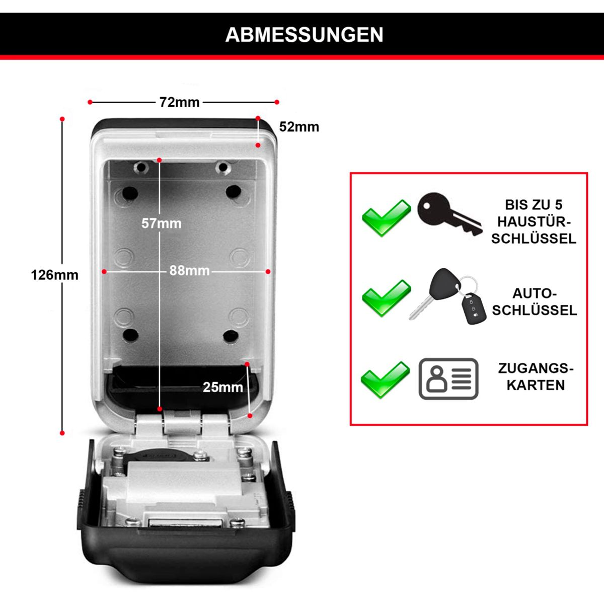 Caja fuerte para llaves abierta, con dimensiones, llaves e iconos de tarjeta de acceso. Negro y plata.