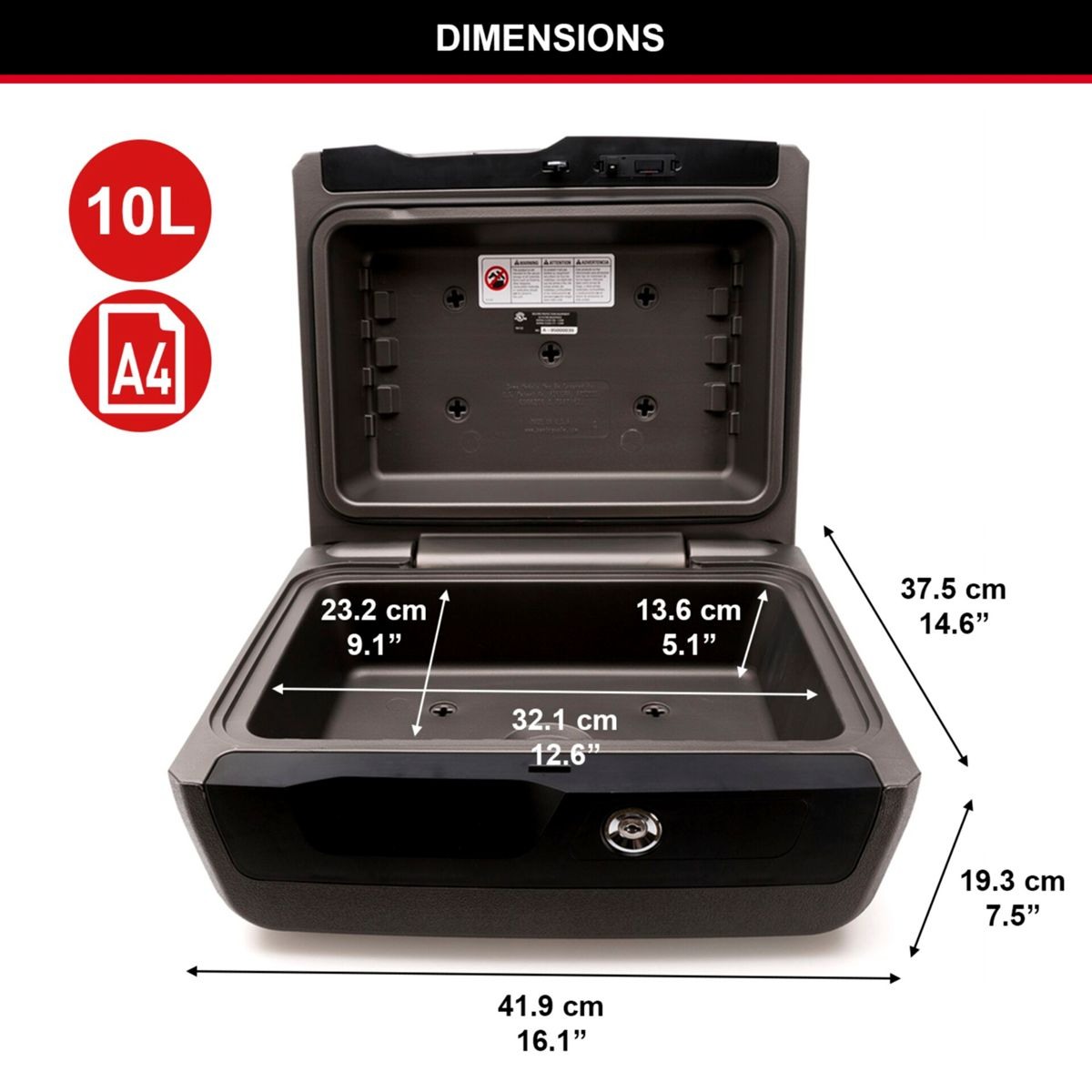 Una caja fuerte abierta con dimensiones mostradas.