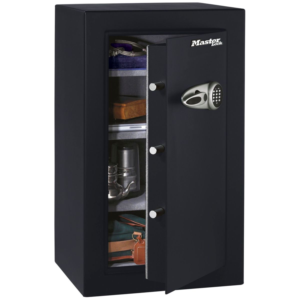 Schwarzer Master Lock Safe, offen, zeigt den Inhalt.