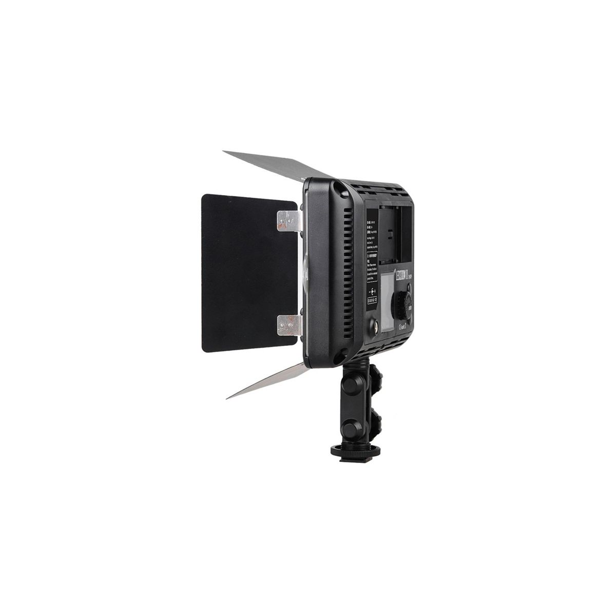 Schwarzes LED-Videolicht mit Torblenden. Es hat ein Display und steht.