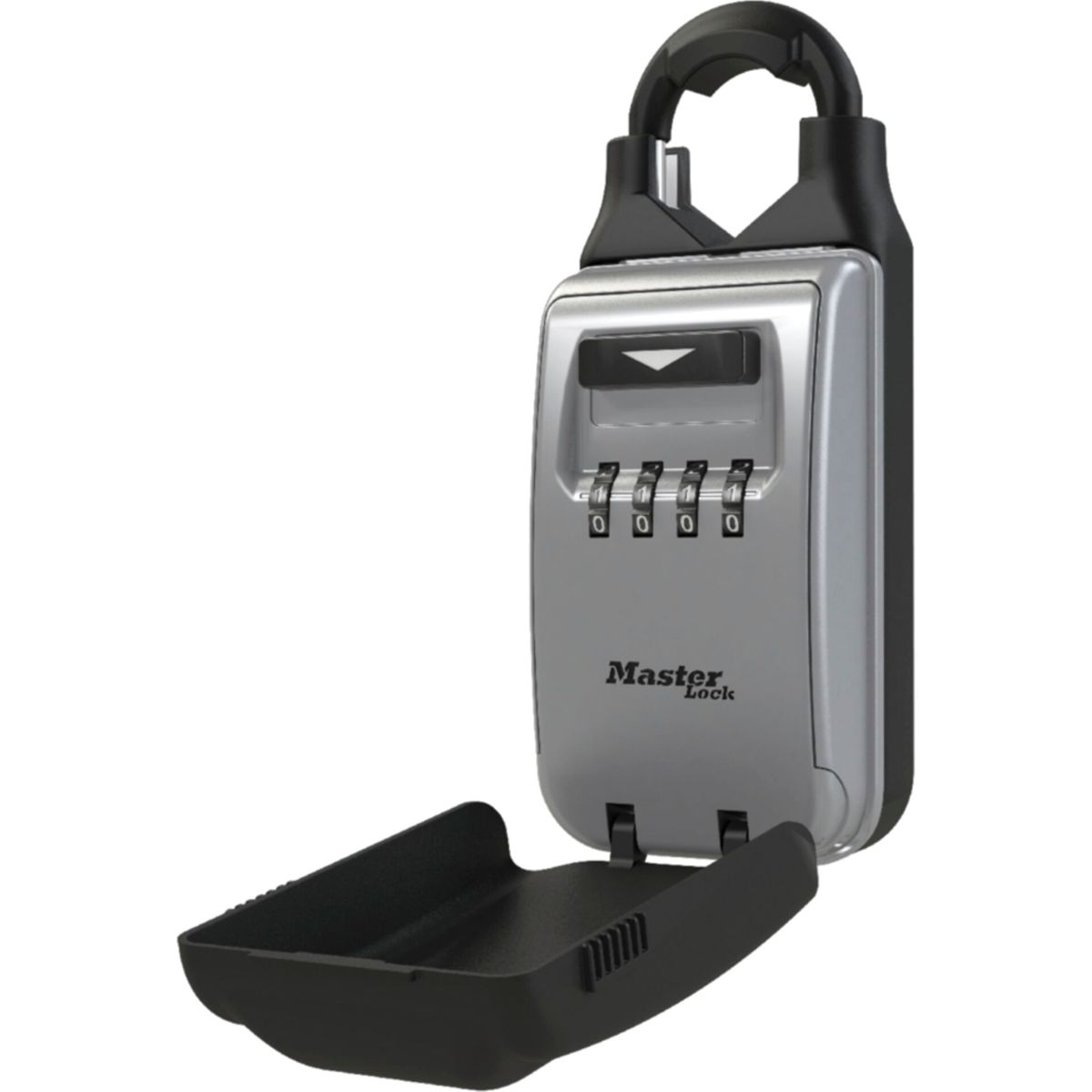 Caja de seguridad de llaves plateada y negra con puerta abierta que revela un compartimento. Cerradura de combinación.