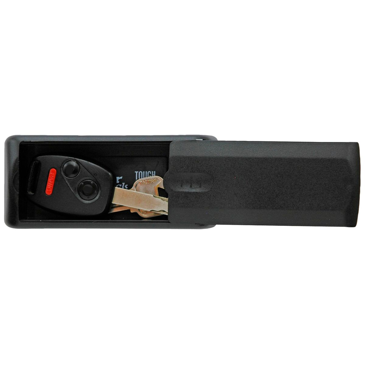 Caja fuerte negra para llaves con llavero y llaves dentro, abierta.