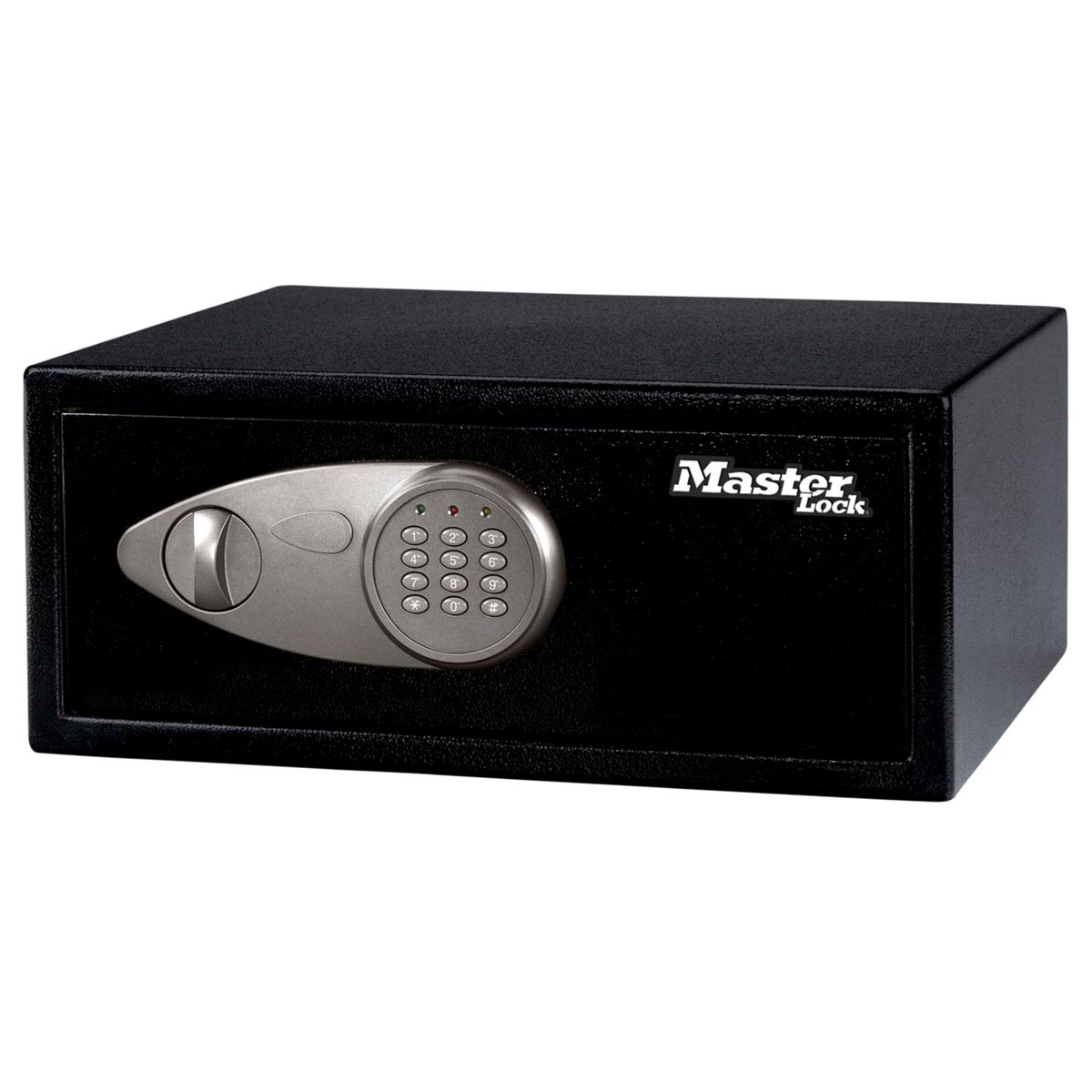 Ein schwarzer Safe mit digitalem Tastenfeld und Griff.