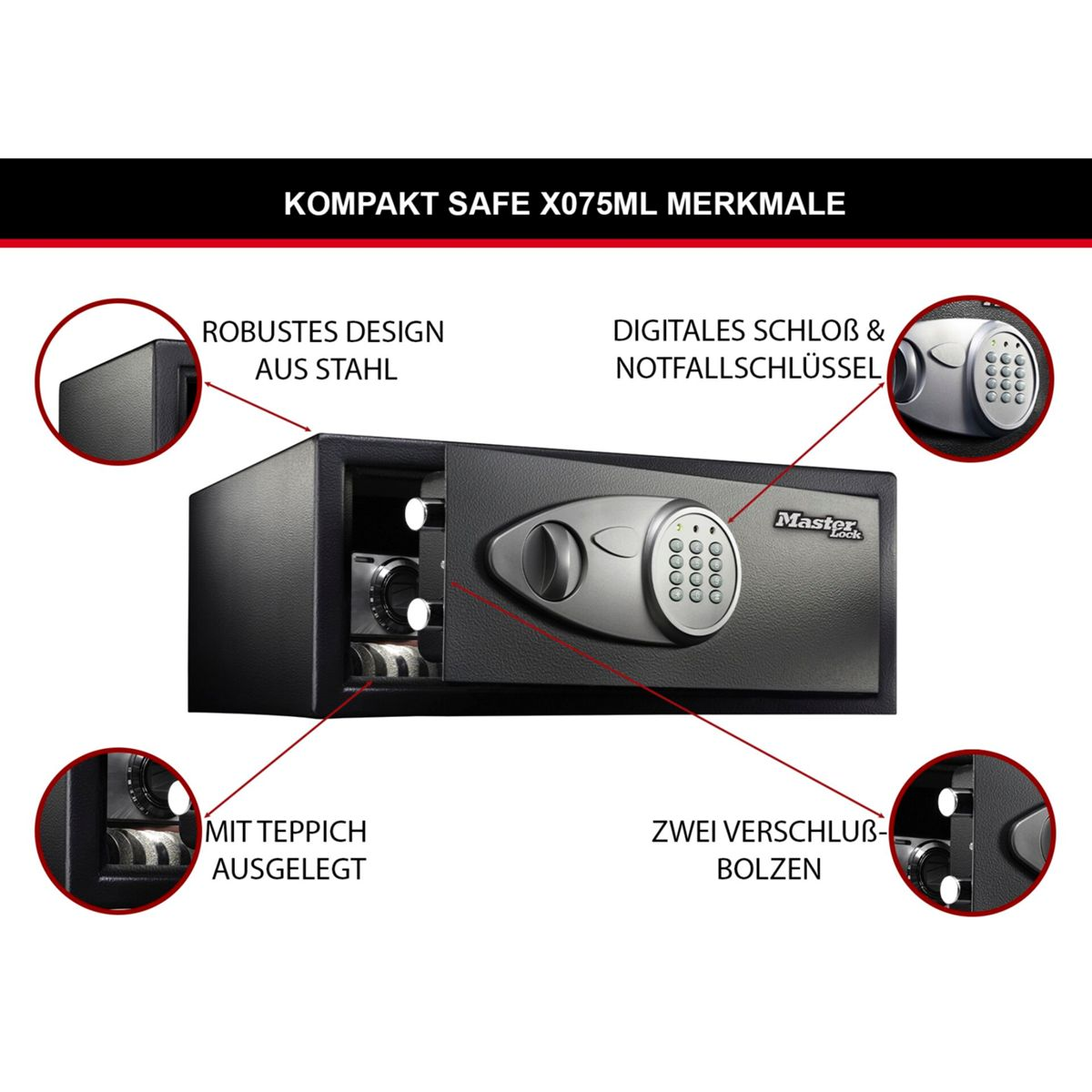 Ein Safe mit schwarzem Äußeren und einem silbernen Zahlenschloss und Schlüssel.