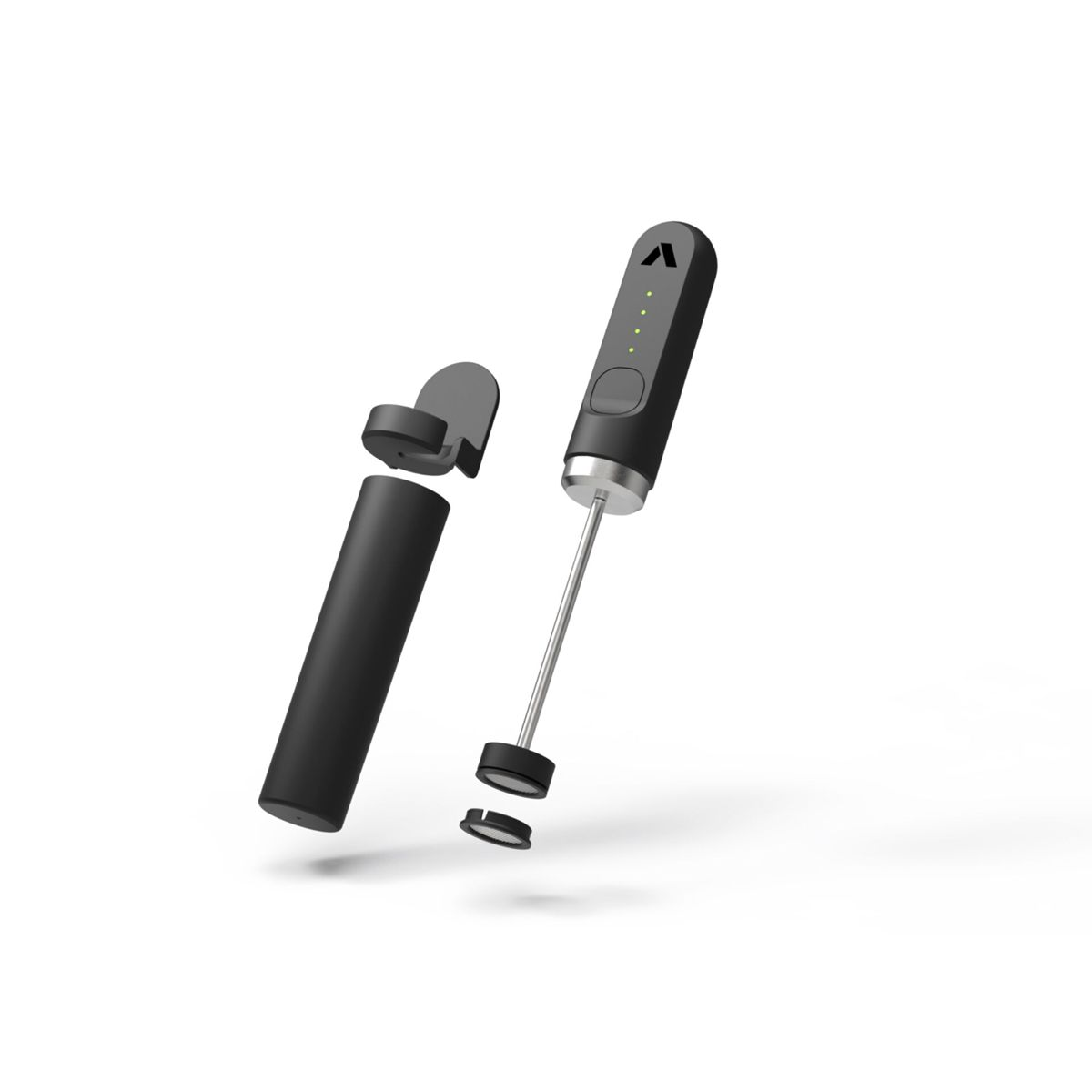 Ein schwarzer und silberner Handmixer mit seinen getrennten Teilen auf weißem Hintergrund.