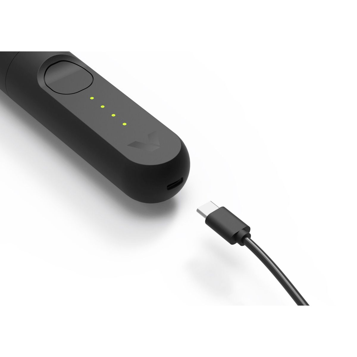 Schwarzes elektronisches Gerät mit Ladeanschluss und Kabel. Vier grüne Lichter zeigen Akkustand.