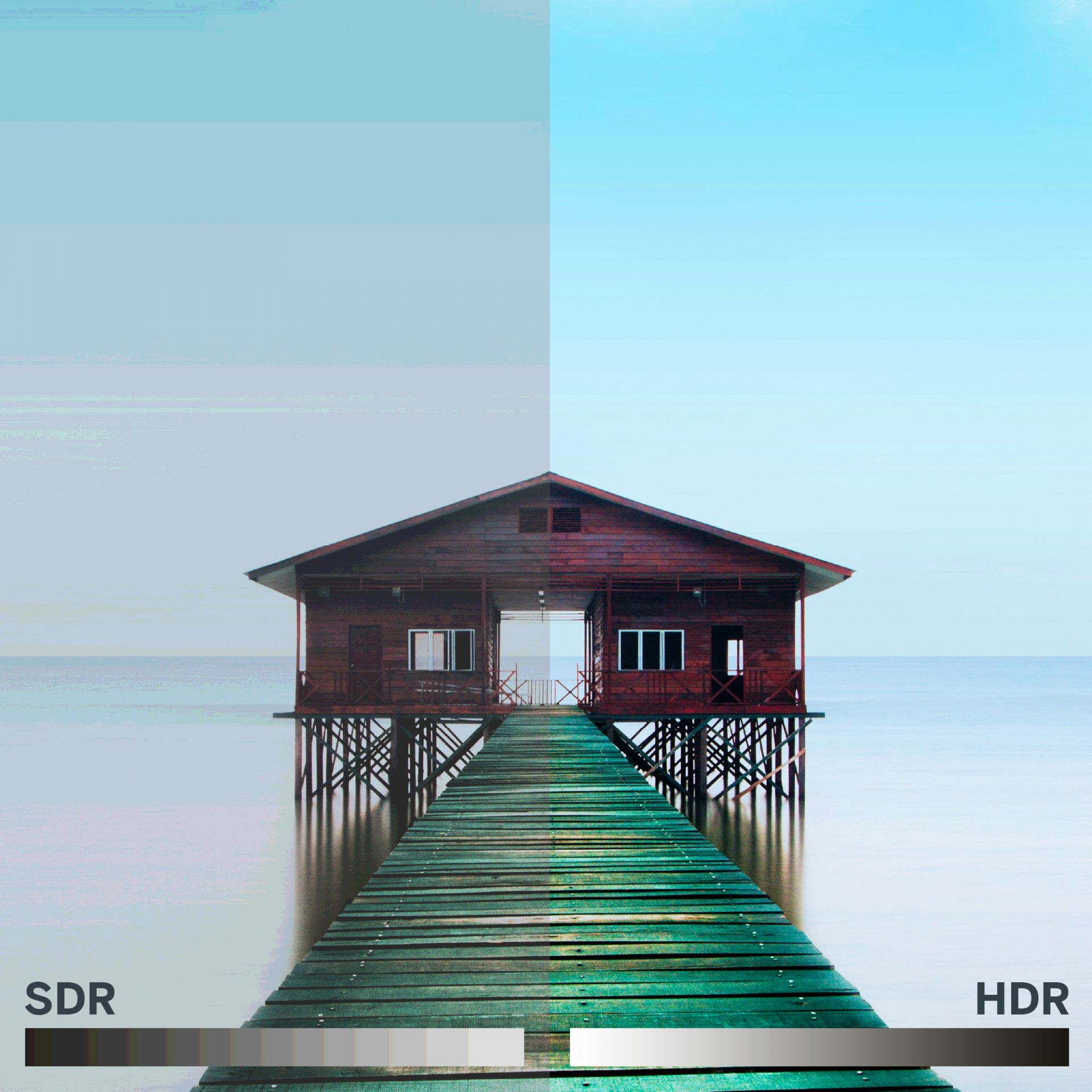 Drewniane molo prowadzące do domu nad wodą, pokazuje porównanie SDR i HDR.