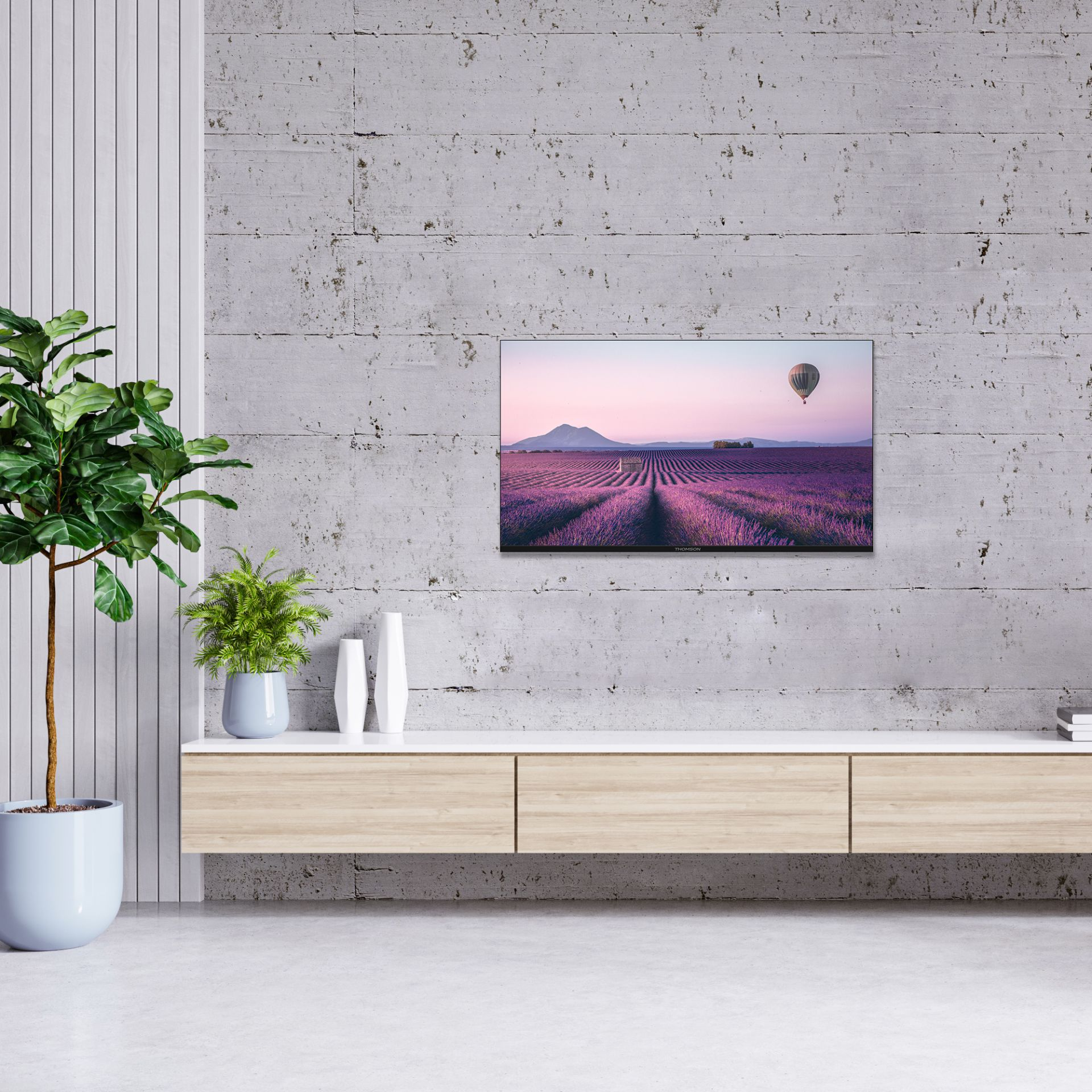 Salon z telewizorem wyświetlającym scenę pola lawendy, rośliną i drewnianą szafką.