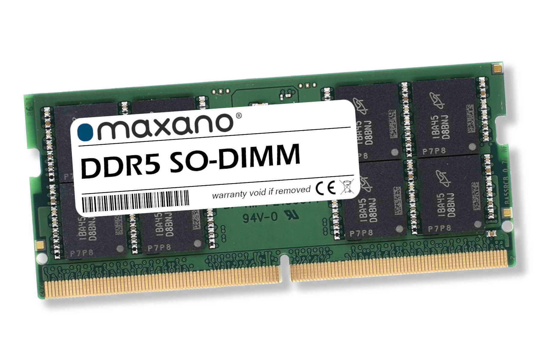 Grünes DDR5 SO-DIMM RAM-Modul mit Goldkontakten, Marke Maxano, auf weißem Hintergrund.