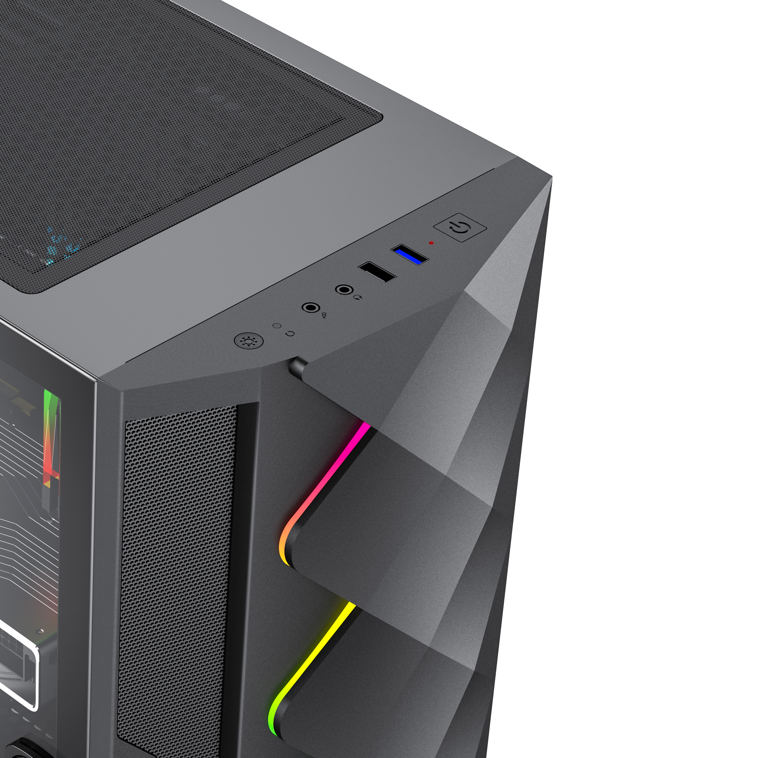 Schräge Ansicht eines schwarzen Computergehäuses mit RGB-Beleuchtung und transparentem Seitenteil.