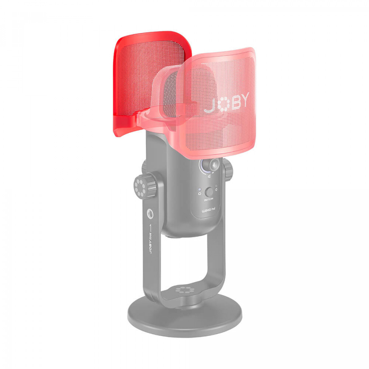 Roter Mikrofon-Popfilter an einem grauen Mikrofon befestigt. Der Markenname steht auf beiden.