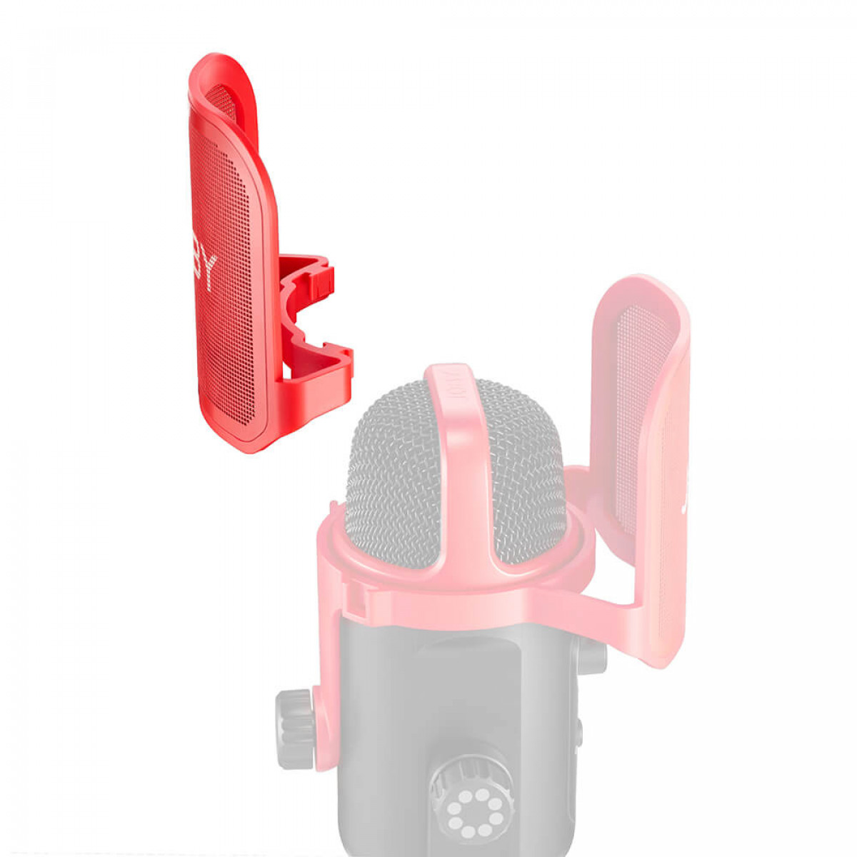Roter Pop-Filter für ein Mikrofon. Er ist zweiteilig, zum Anbringen bereit.