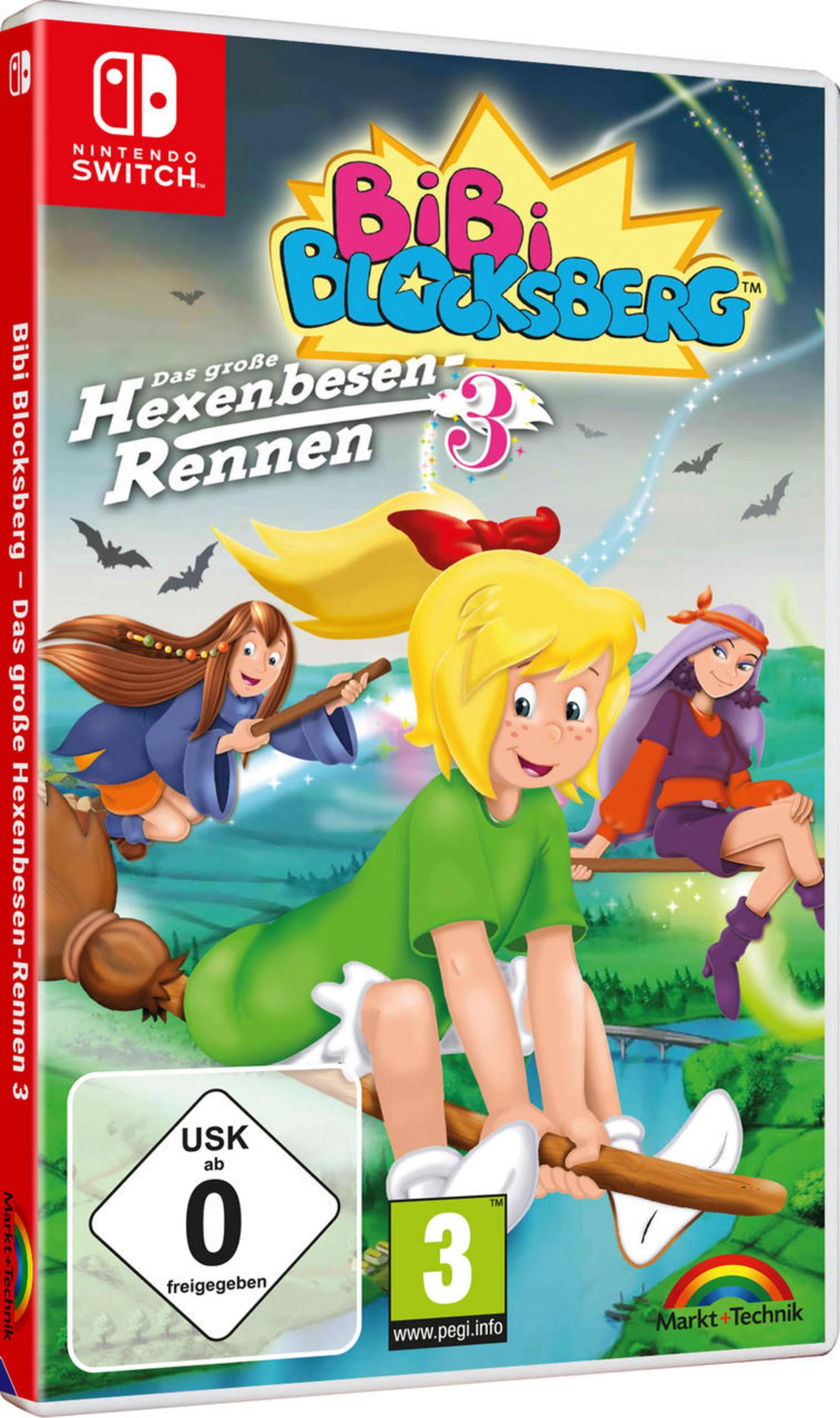 Nintendo Switch Spielbox. Zeichentrickfiguren fliegen auf einem Besen. Der Titel ist auf Deutsch.