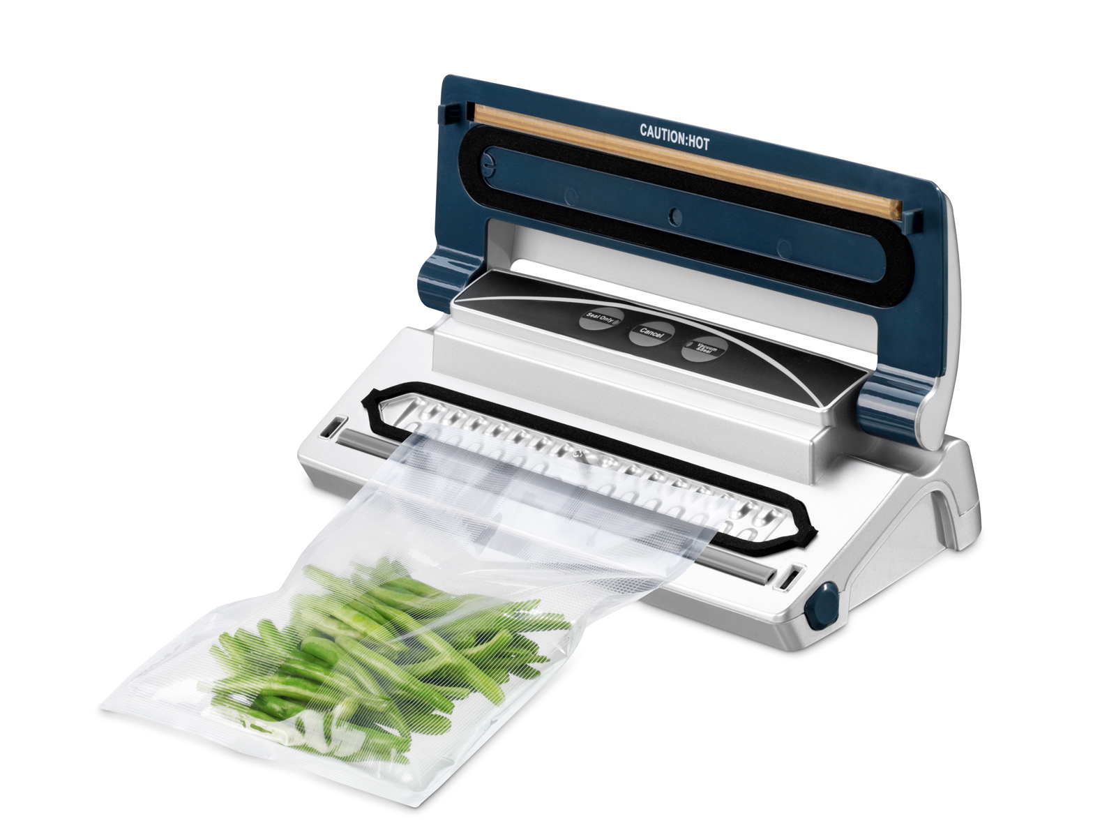 Zgrzewarka próżniowa z workiem fasolki szparagowej. Urządzenie jest białe i granatowe.