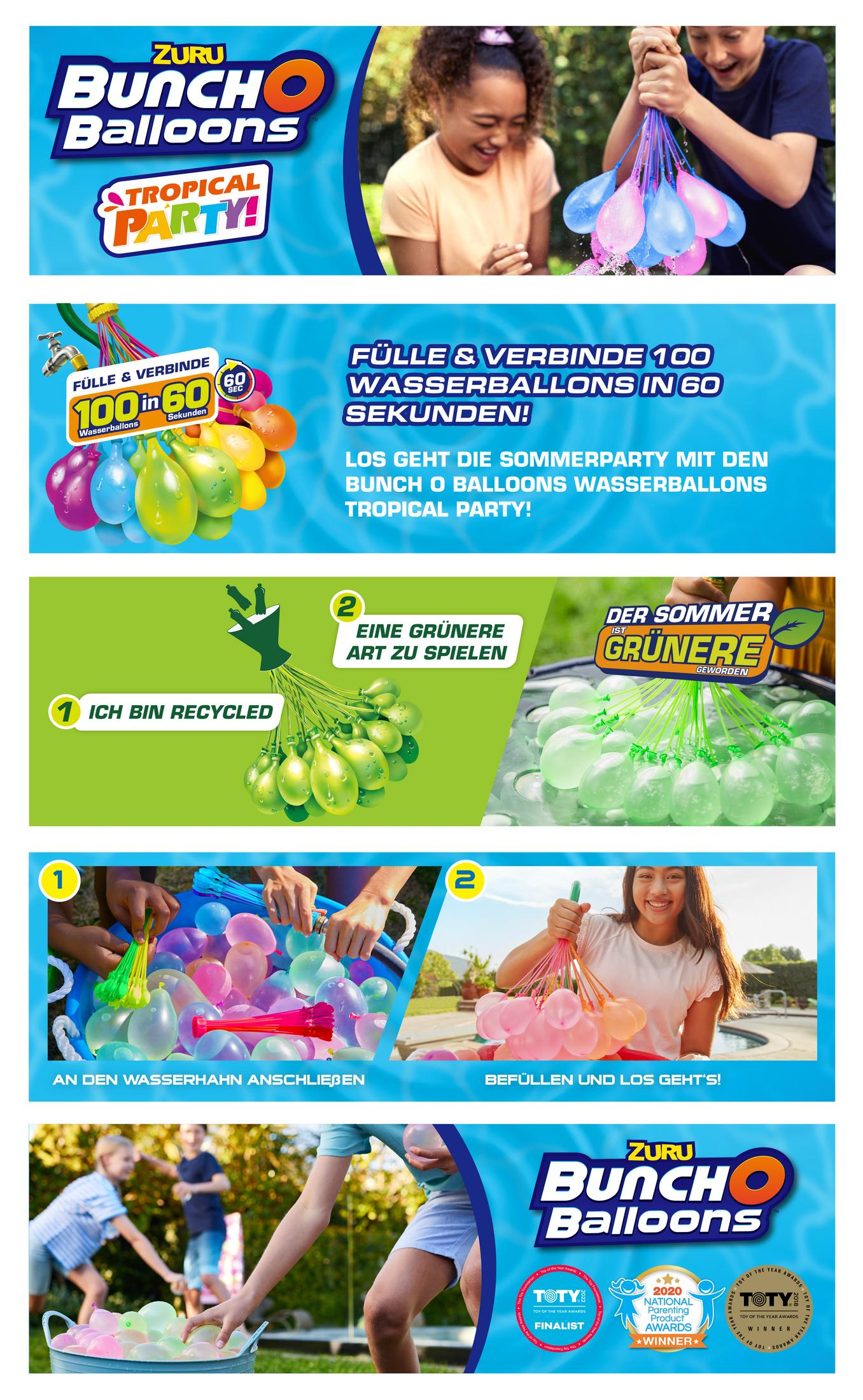 Varie immagini di ZURU Bunch O Balloons, che mostrano bambini che giocano con palloncini d'acqua.