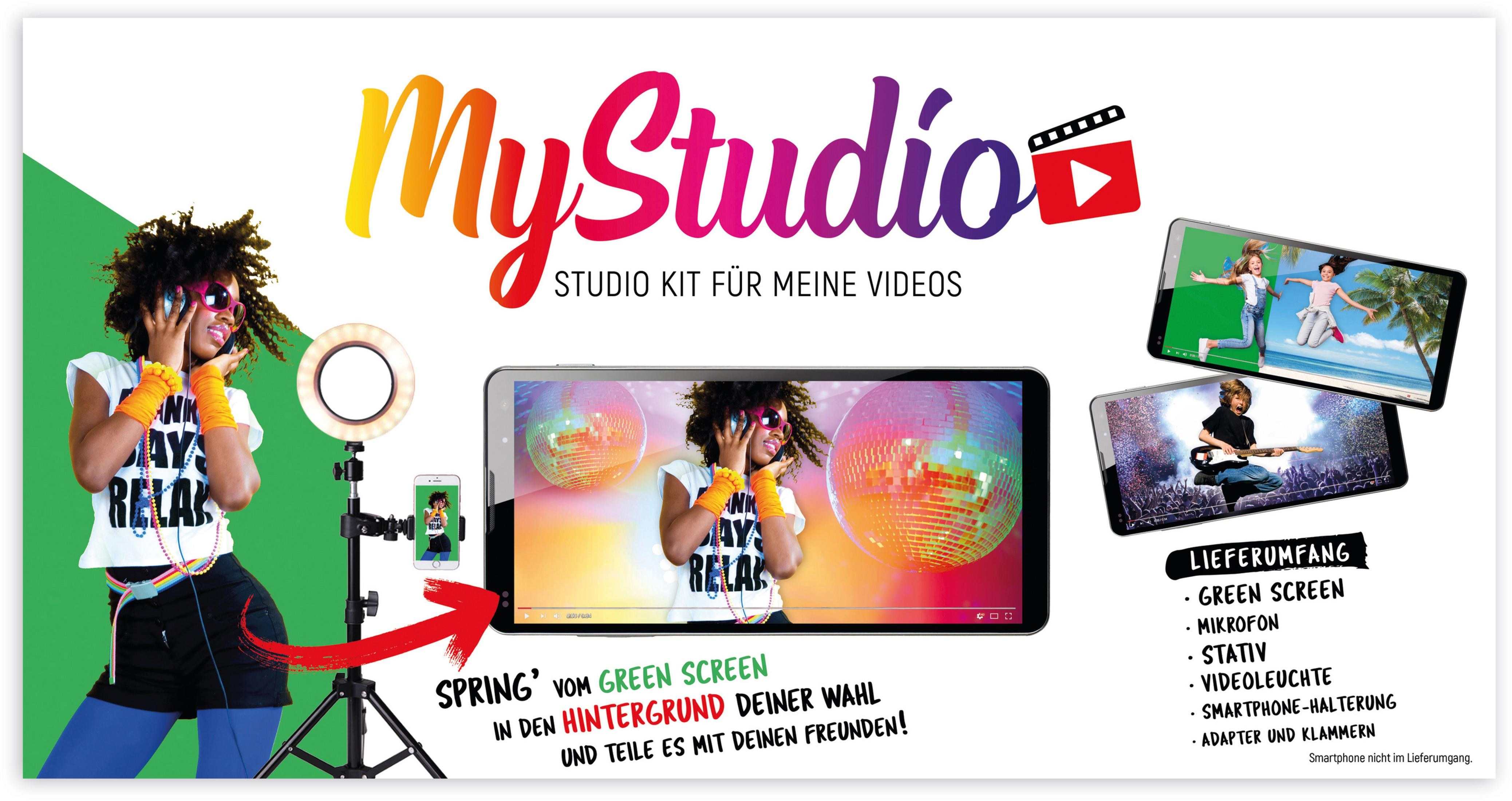Ein Banner mit einem MyStudio-Setup mit Telefonen, Lichtern und einem Green Screen.