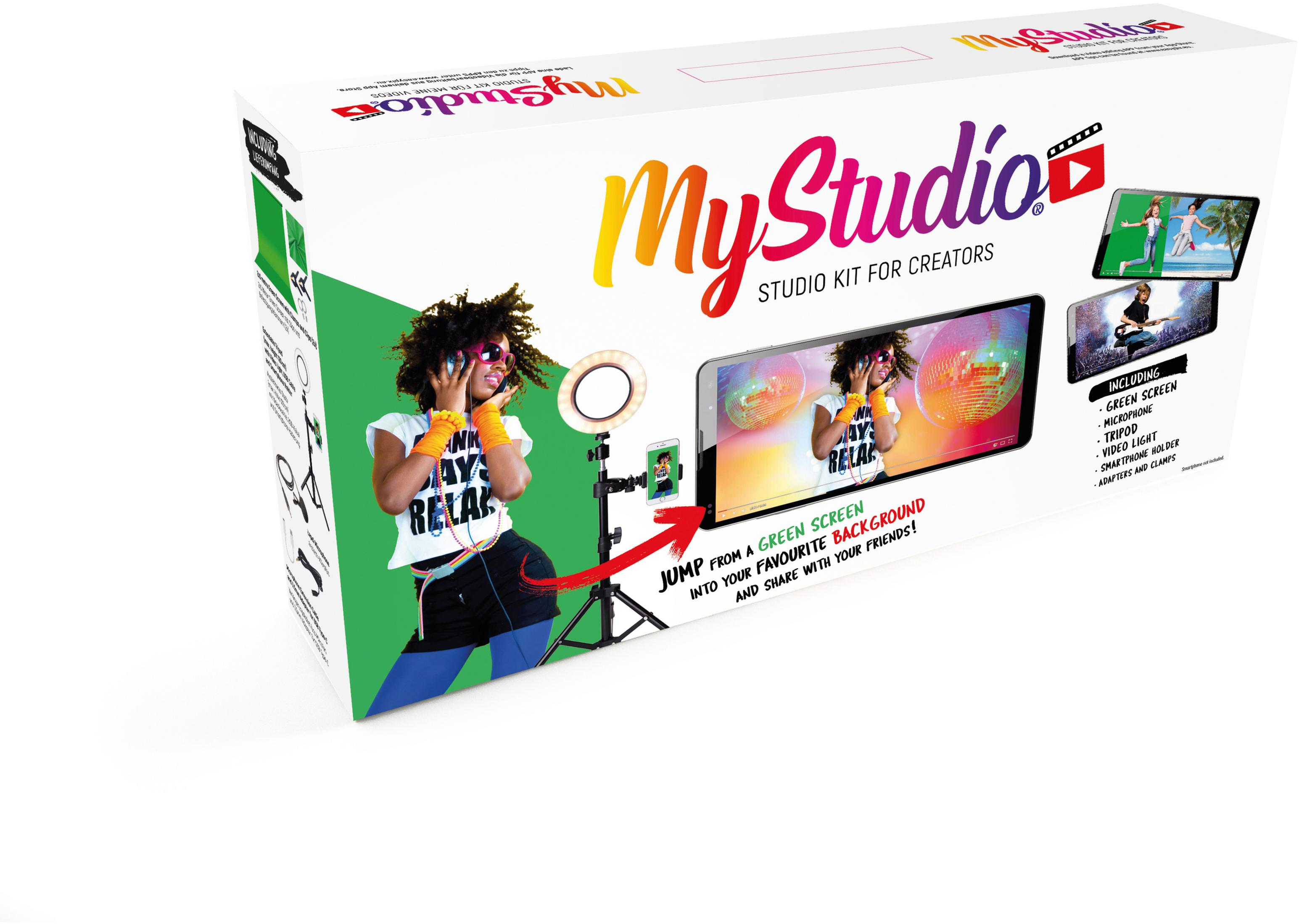 Weiße Box mit einem MyStudio-Kit. Eine Person in der Box wird auf dem Bildschirm angezeigt.