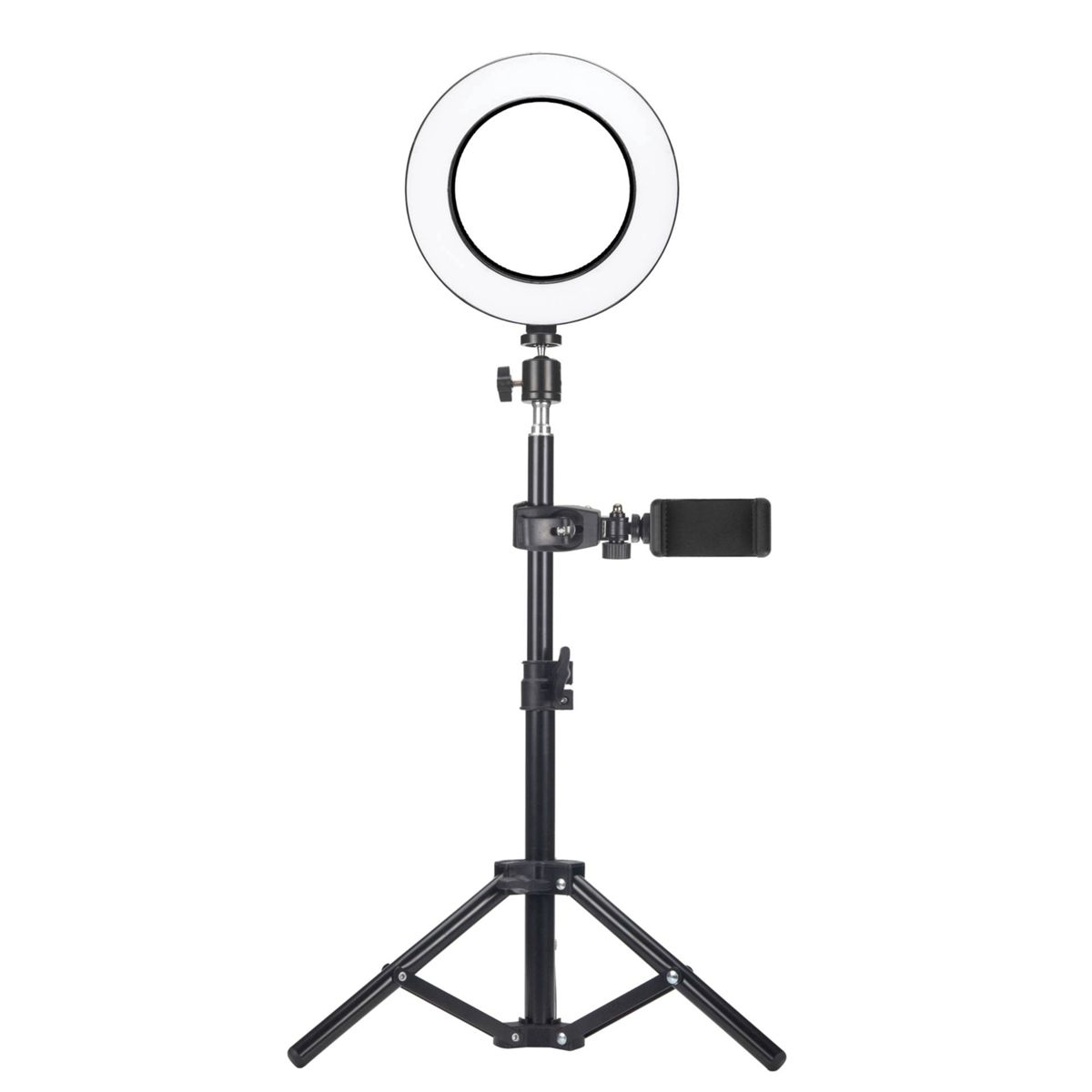 Ein Ringlicht auf einem Stativ, mit einem Smartphone-Halter befestigt.