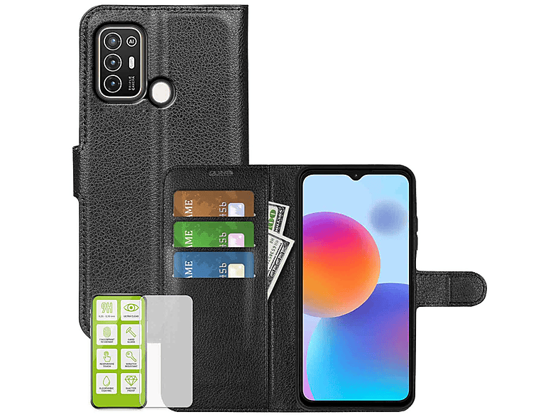 WIGENTO Produktset Book Wallet Tasche + H9 Hart Glas Folie, Bookcover, ZTE, Blade A53, Schwarz