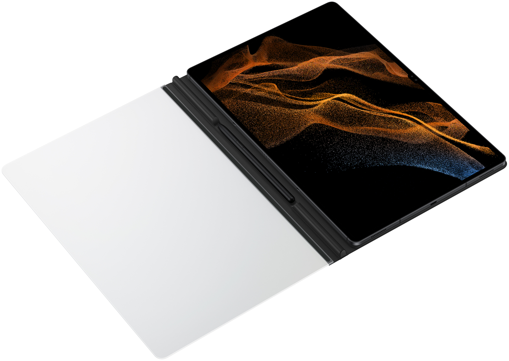 Tablet con cover aperta, display con forme astratte. Bianco e nero.