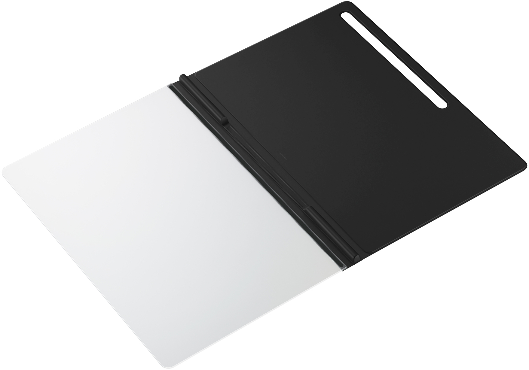 Custodia per tablet nera aperta che mostra uno schermo bianco e una cover nera.