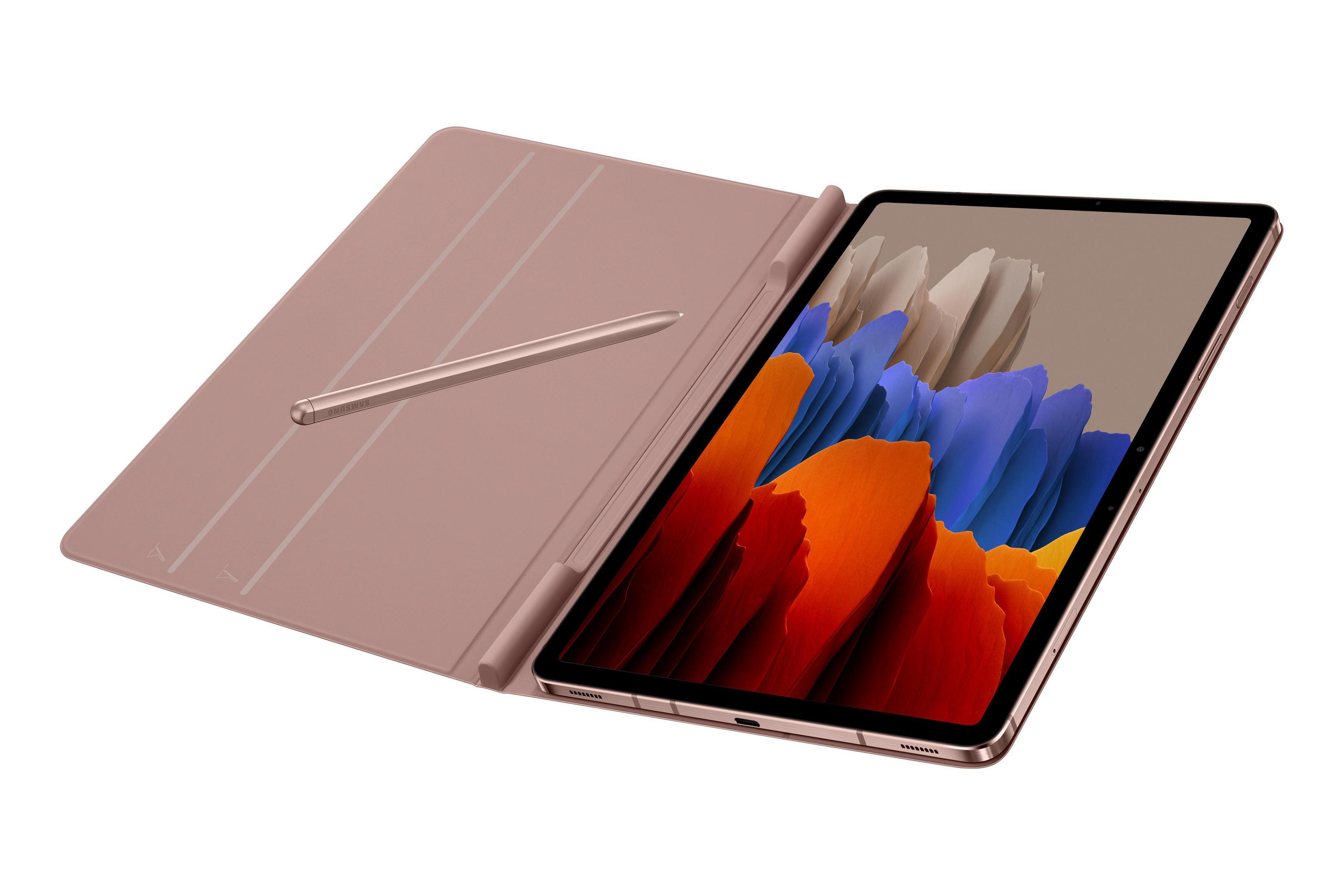 Tablette avec une housse rose et un stylet. L'écran affiche les couleurs bleu et orange.