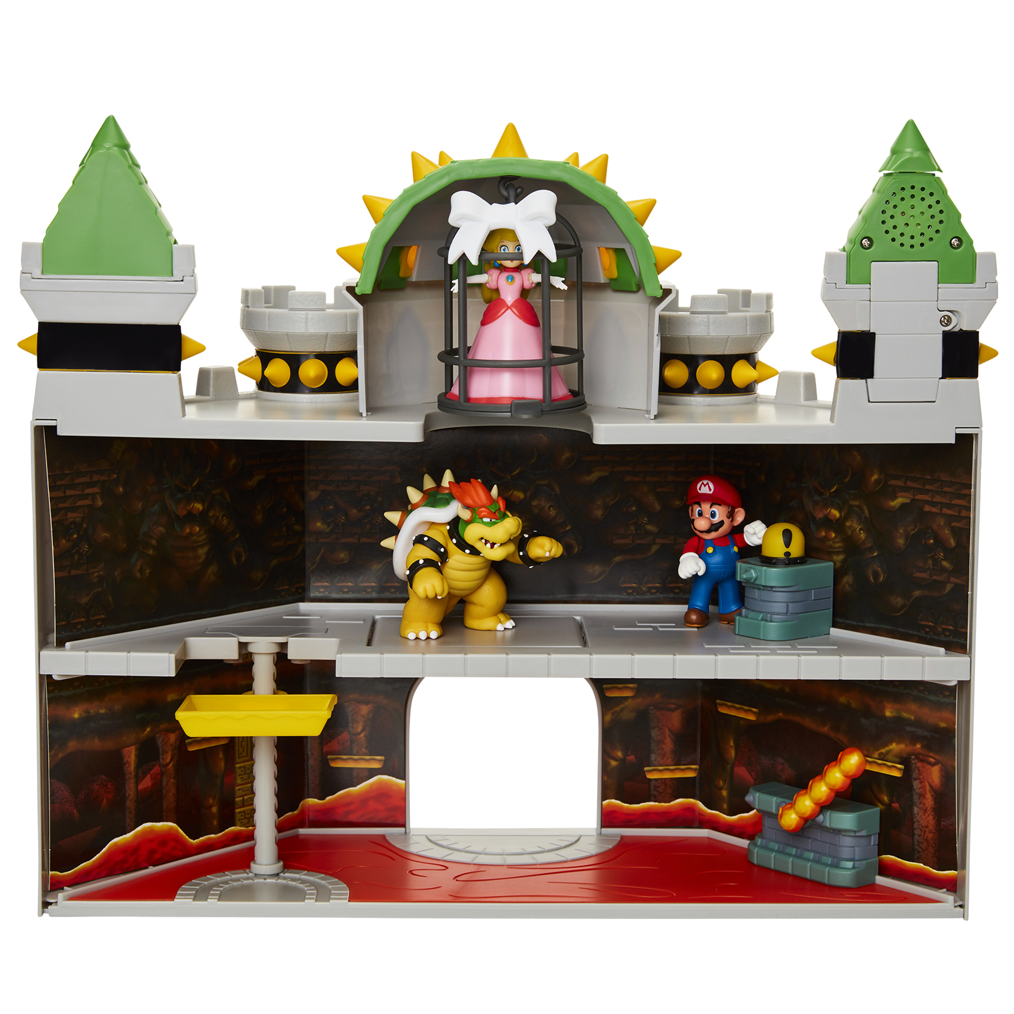 Mario-Spielset mit Bowser, Peach im Käfig, Mario und einer Burgstruktur.