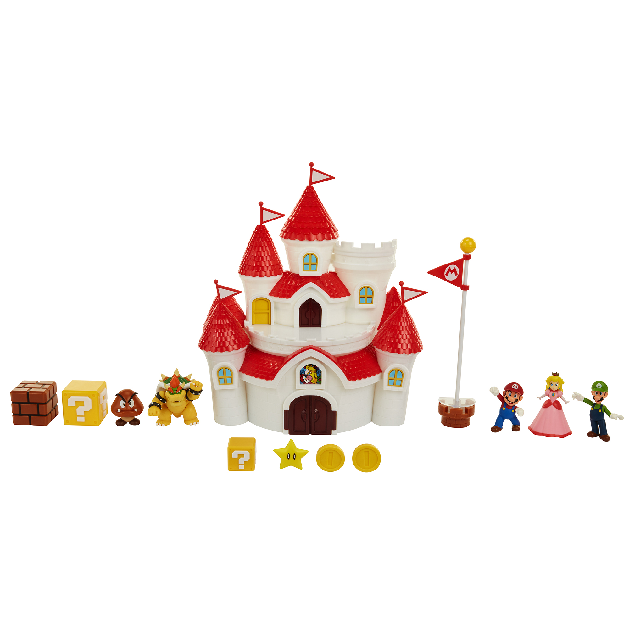Un juego de castillo de Super Mario con figuras de Mario, Peach, Luigi, Bowser y bloques. Fondo blanco.