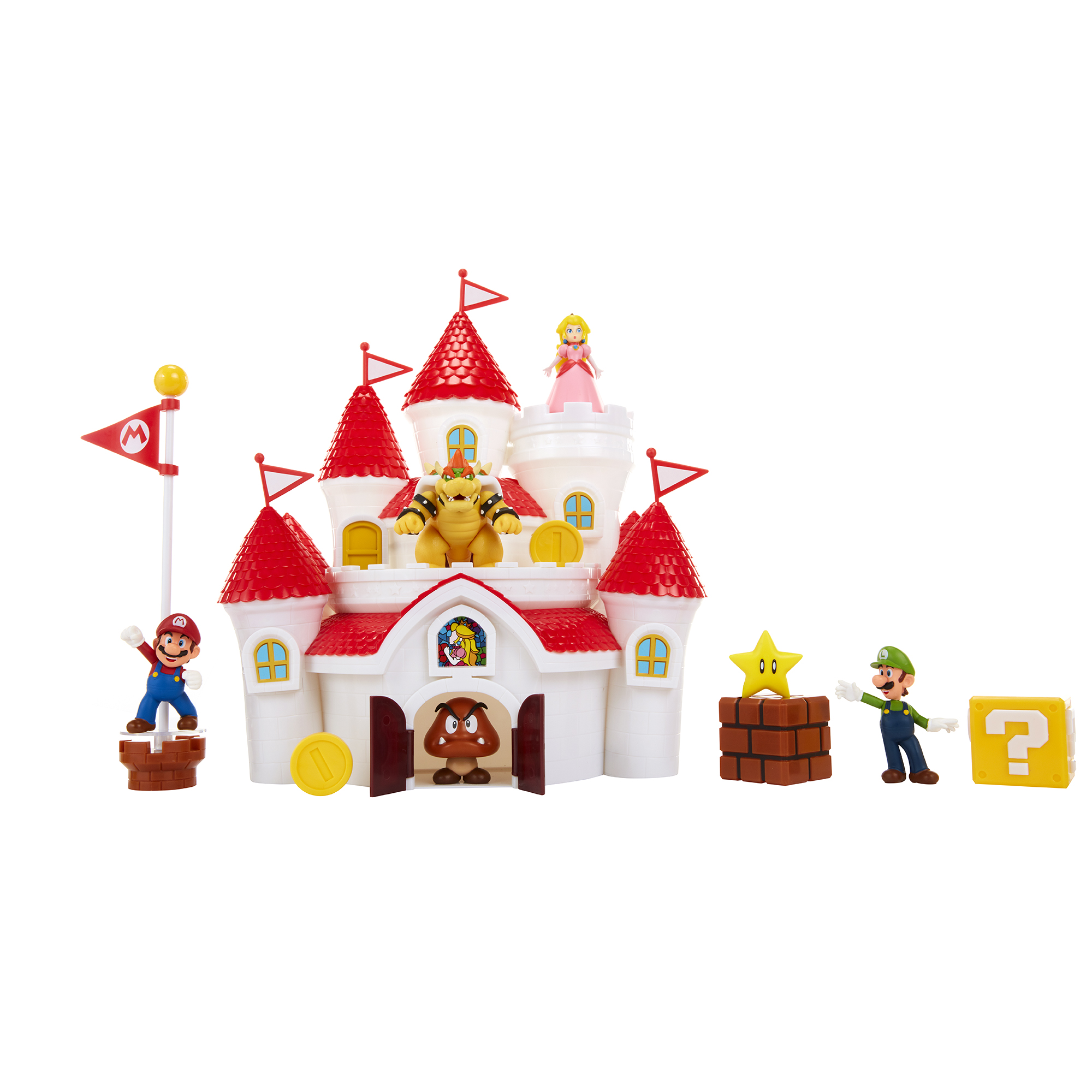 Un juego de Super Mario con personajes, incluyendo Mario, Luigi y la Princesa Peach, frente a un castillo.