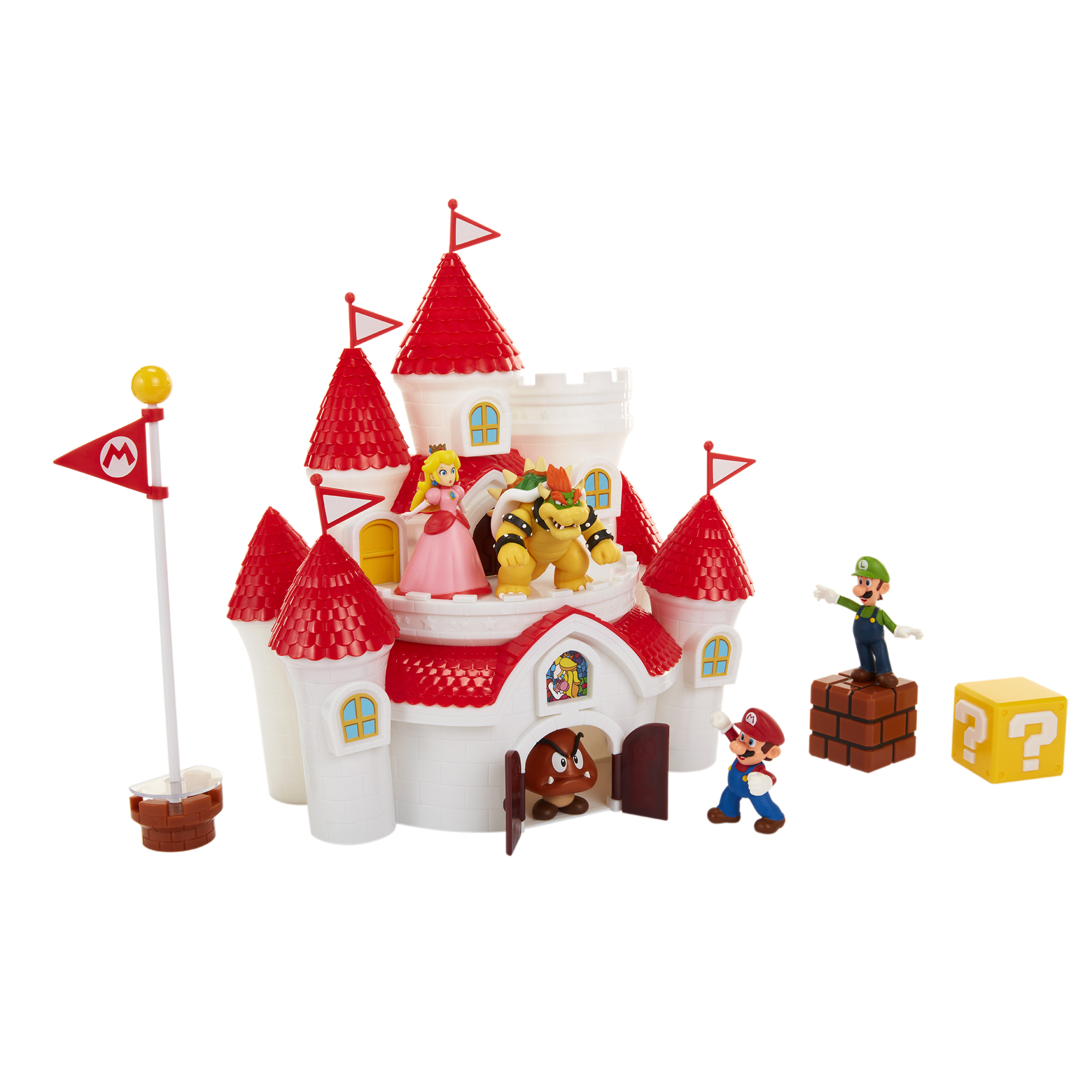 Set de juego del castillo de Super Mario con figuras: Mario, Peach, Bowser, Luigi, Goomba y bloque de preguntas.