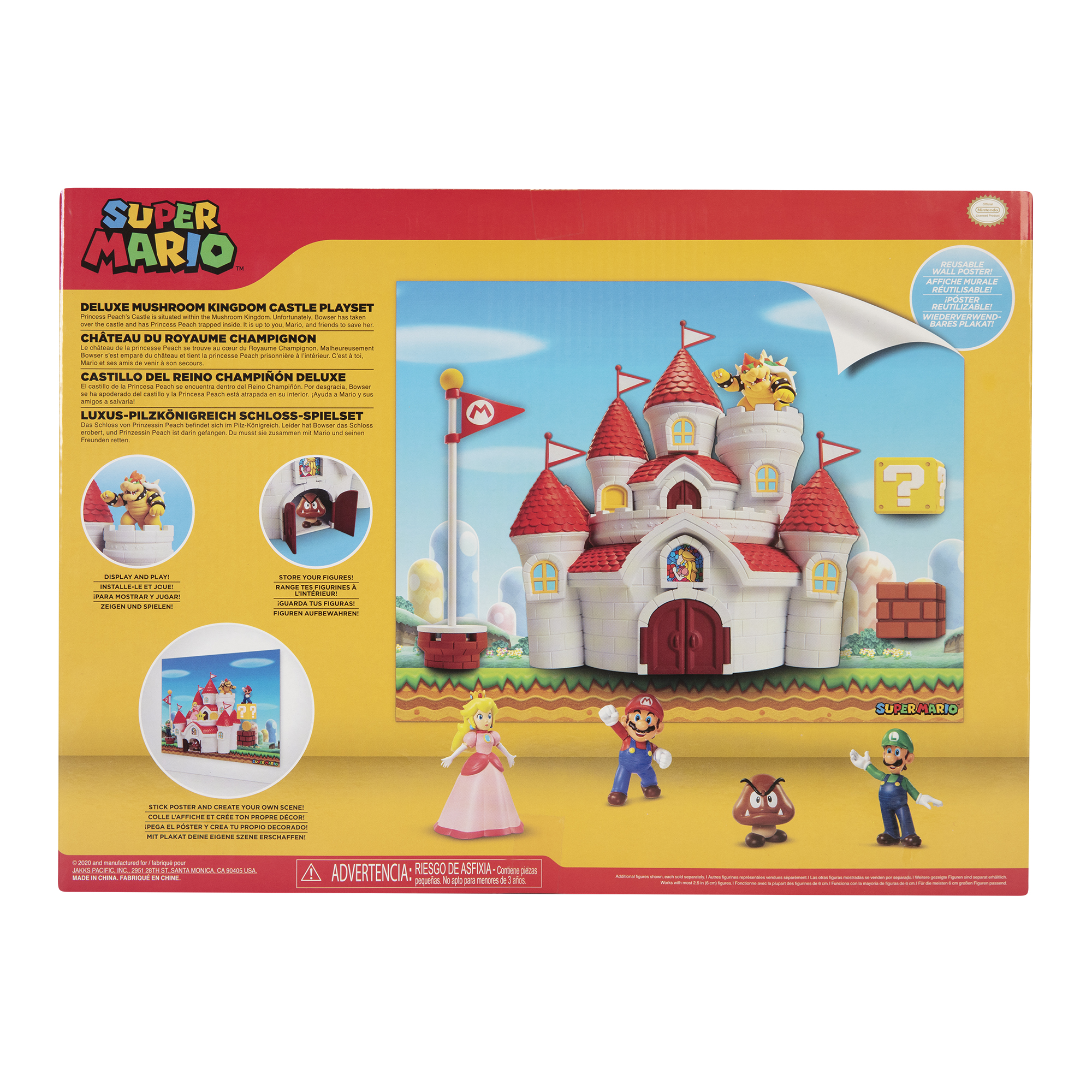 Rückseite einer Super Mario Spielzeugschachtel. Charaktere und ein Schloss sind abgebildet, sowie Text in mehreren Sprachen.