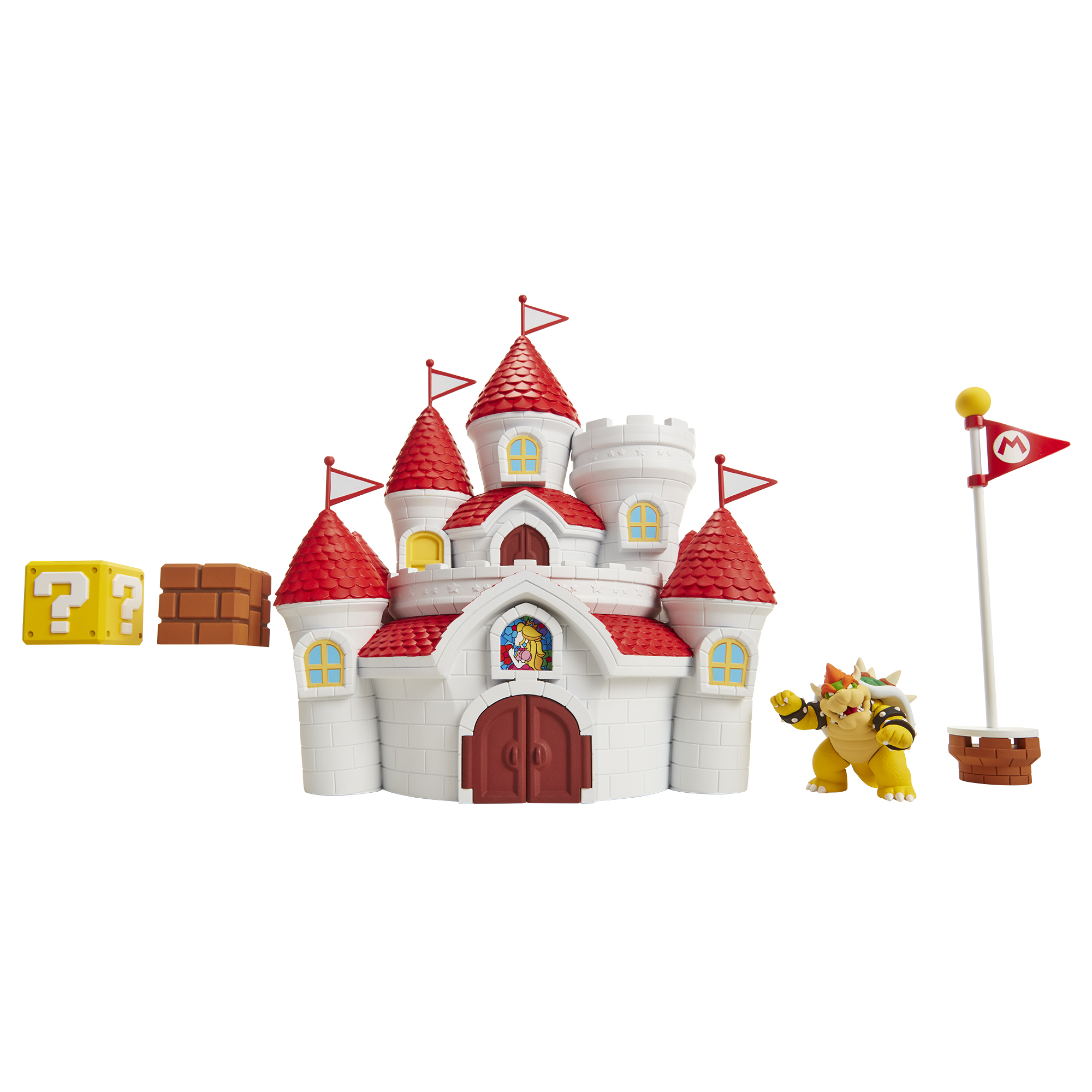 Mario-Schloss-Spielset mit Figuren, Blöcken und Fahne. Bowser und Fragezeichenblock sind vorhanden.