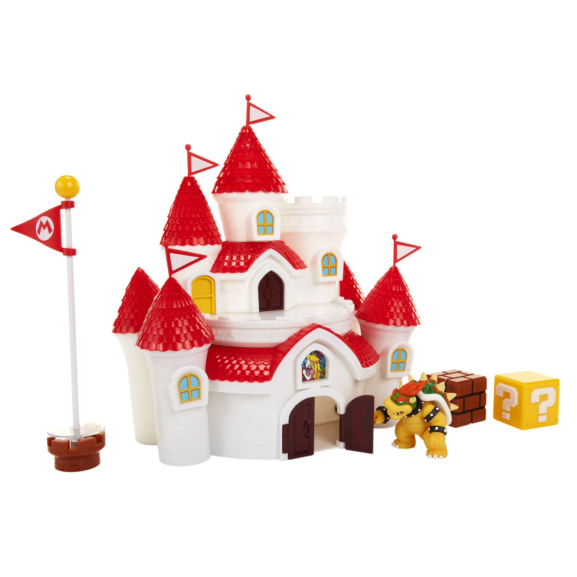 Ein weißes und rotes Spielzeugschloss mit Figuren von Bowser und Mario.