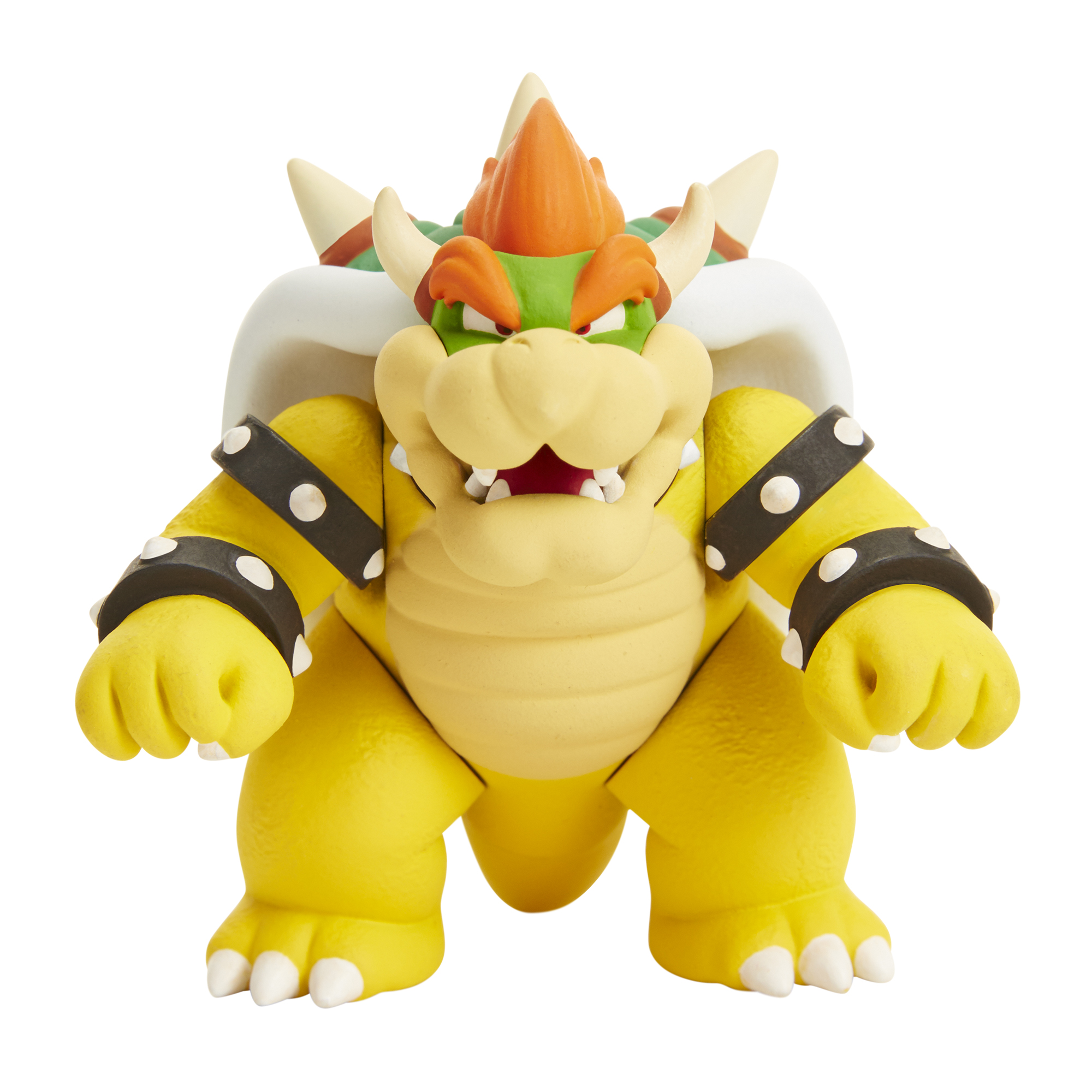 Bowser-Spielfigur, gelber Körper, grünes Haar, orangefarbene Stacheln, weißer Hintergrund.