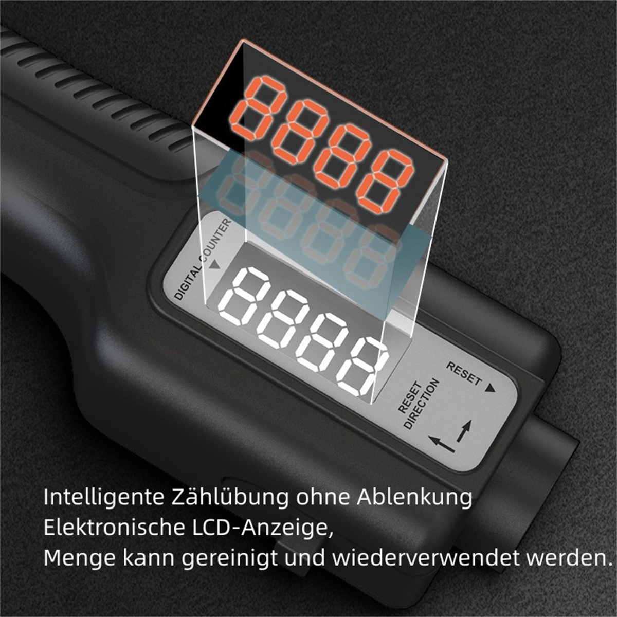 Digitales Springseil mit LCD-Zähler, der 8888 anzeigt. Reset- und Richtungstasten sichtbar.