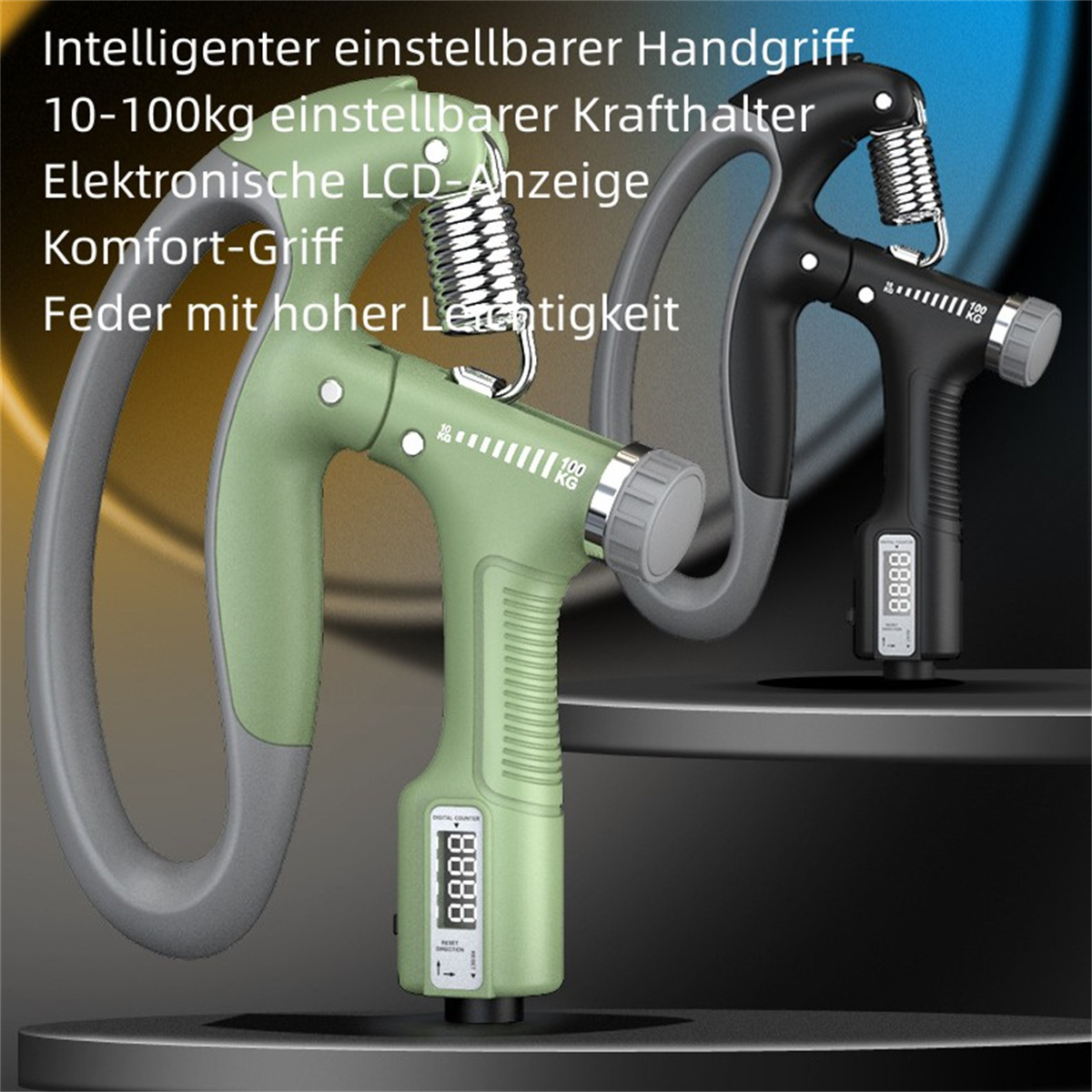 Drei Handgriff-Trainingsgeräte, grün und schwarz. Text beschreibt Funktionen, einschließlich LCD-Display.