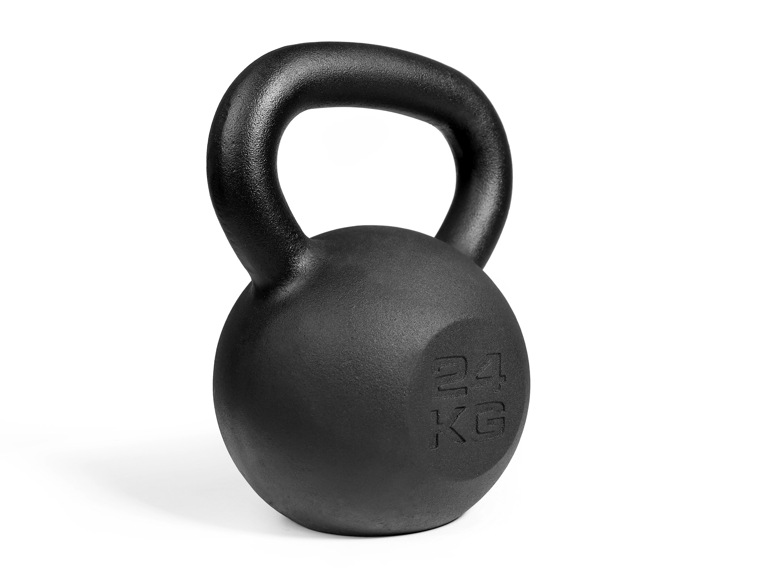 Schwarze Kettlebell. Es hat einen Griff und das Gewicht beträgt 24 kg. Isoliert auf weißem Hintergrund.