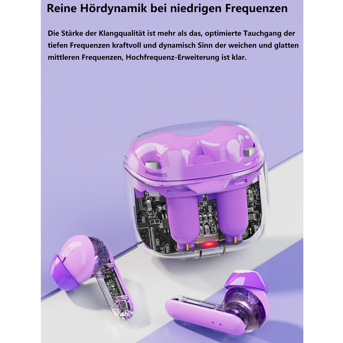 Ohrhörer in einem transparenten Gehäuse. Die Ohrhörer sind lila, mit transparentem Design und rotem Licht.