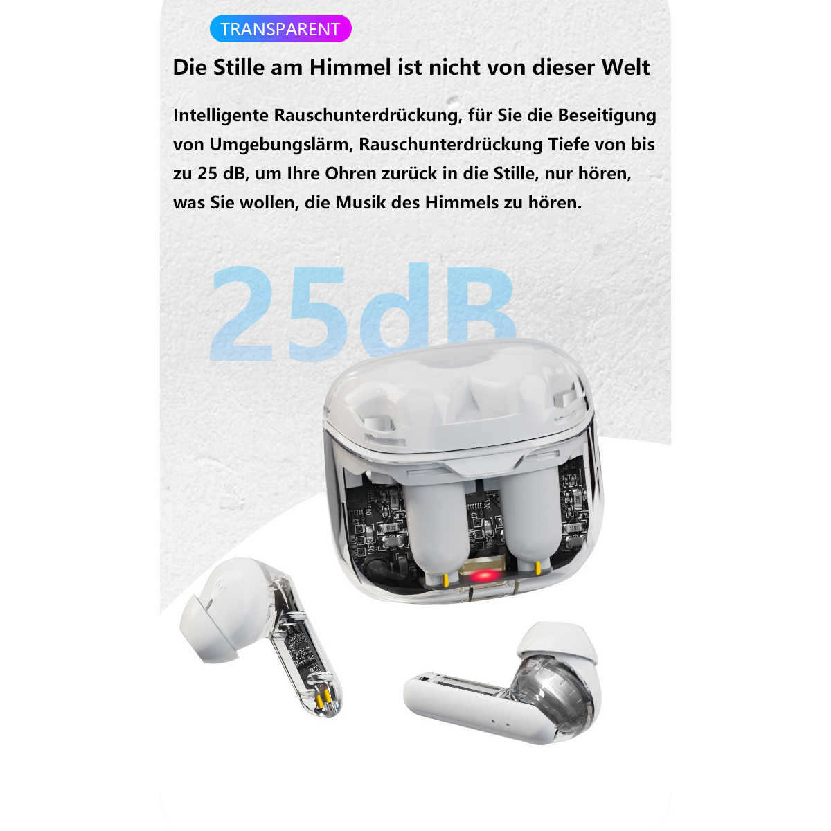 Weiße kabellose Ohrhörer mit transparentem Ladecase. Text-Overlay beschreibt die Geräuschunterdrückung.