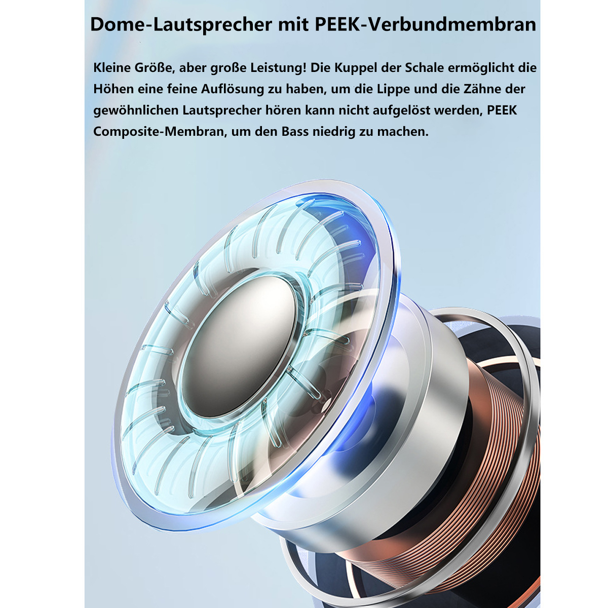 Nahaufnahme eines Lautsprechers, der eine transparente Kuppel und interne Komponenten mit blauem Glüheffekt zeigt.