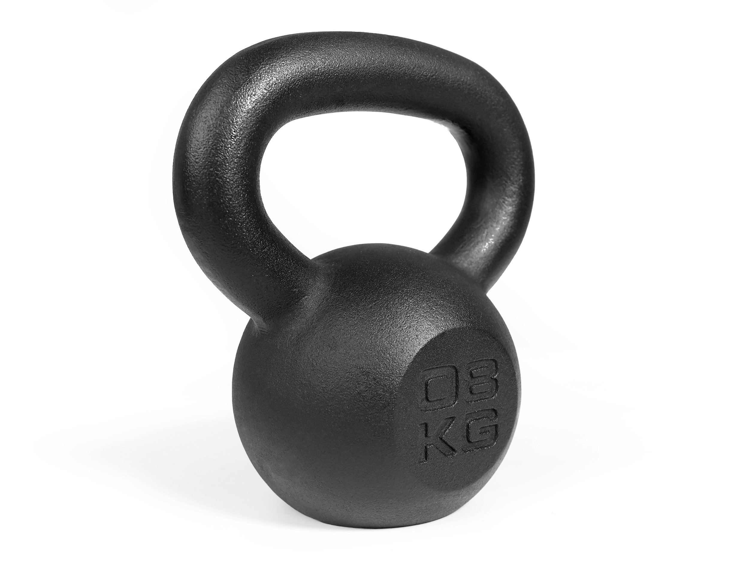 Schwarze Kettlebell, 8 kg Gewicht, mit Griff. Weißer Hintergrund.