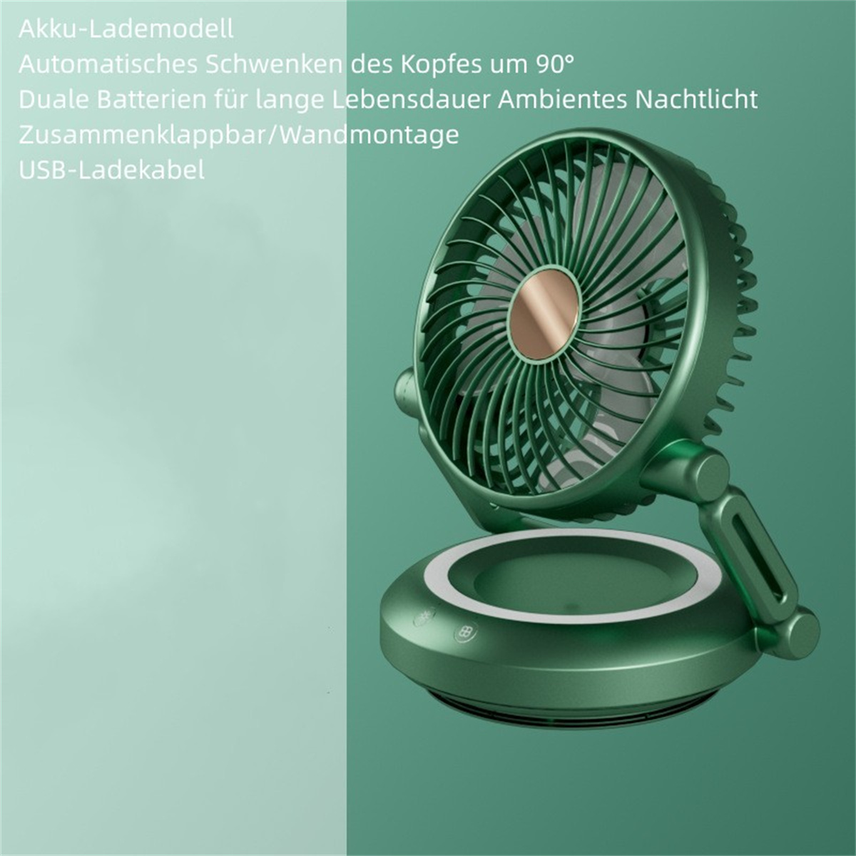 Grüner Ventilator, Flügel und Sockel. Der Ventilator ist abgewinkelt. Der Hintergrund ist grün und weiß geteilt.