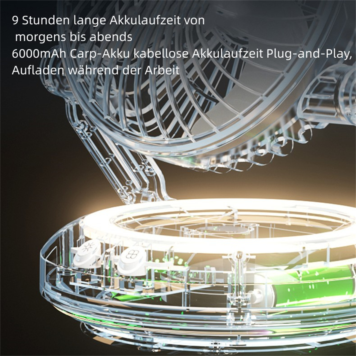 Nahaufnahme eines transparenten Lüfters mit Text über Akkulaufzeit und Funktionen.