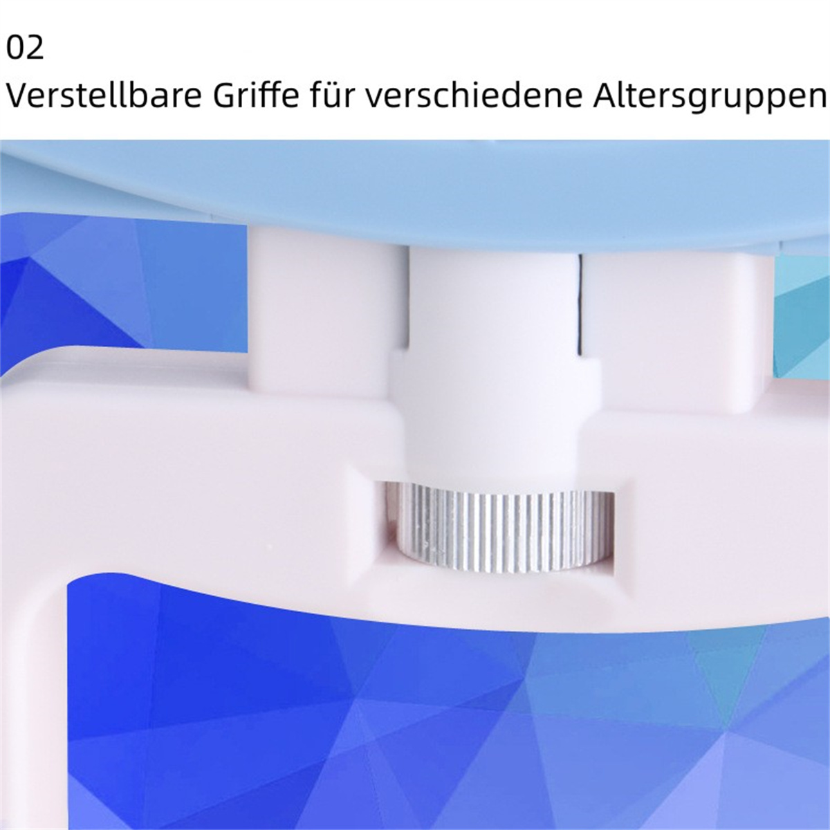 Nahaufnahme eines weißen und blauen Geräts mit verstellbaren Griffen für verschiedene Altersgruppen.