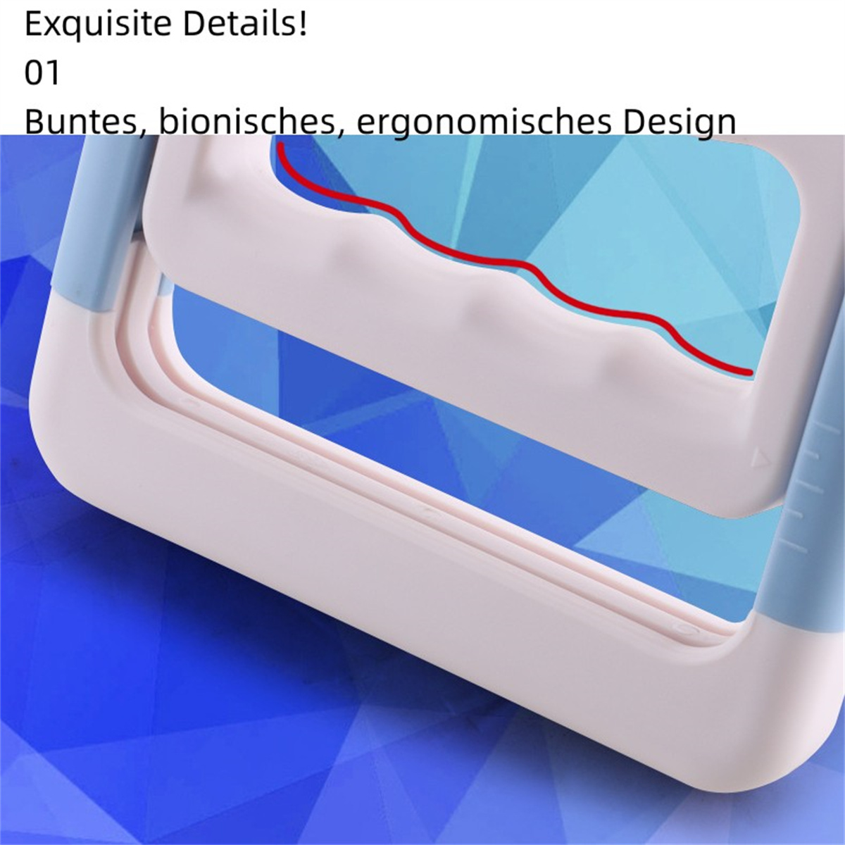 Nahaufnahme eines weiß-blauen Objekts mit geschwungenem Design und roter Linie.