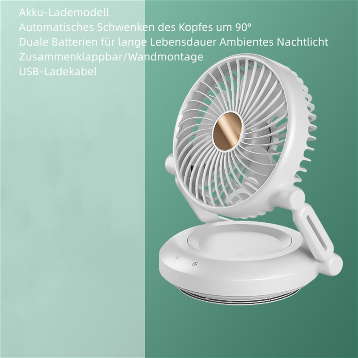 Weißer tragbarer Ventilator mit goldenem Zentrum, auf weißer Basis.